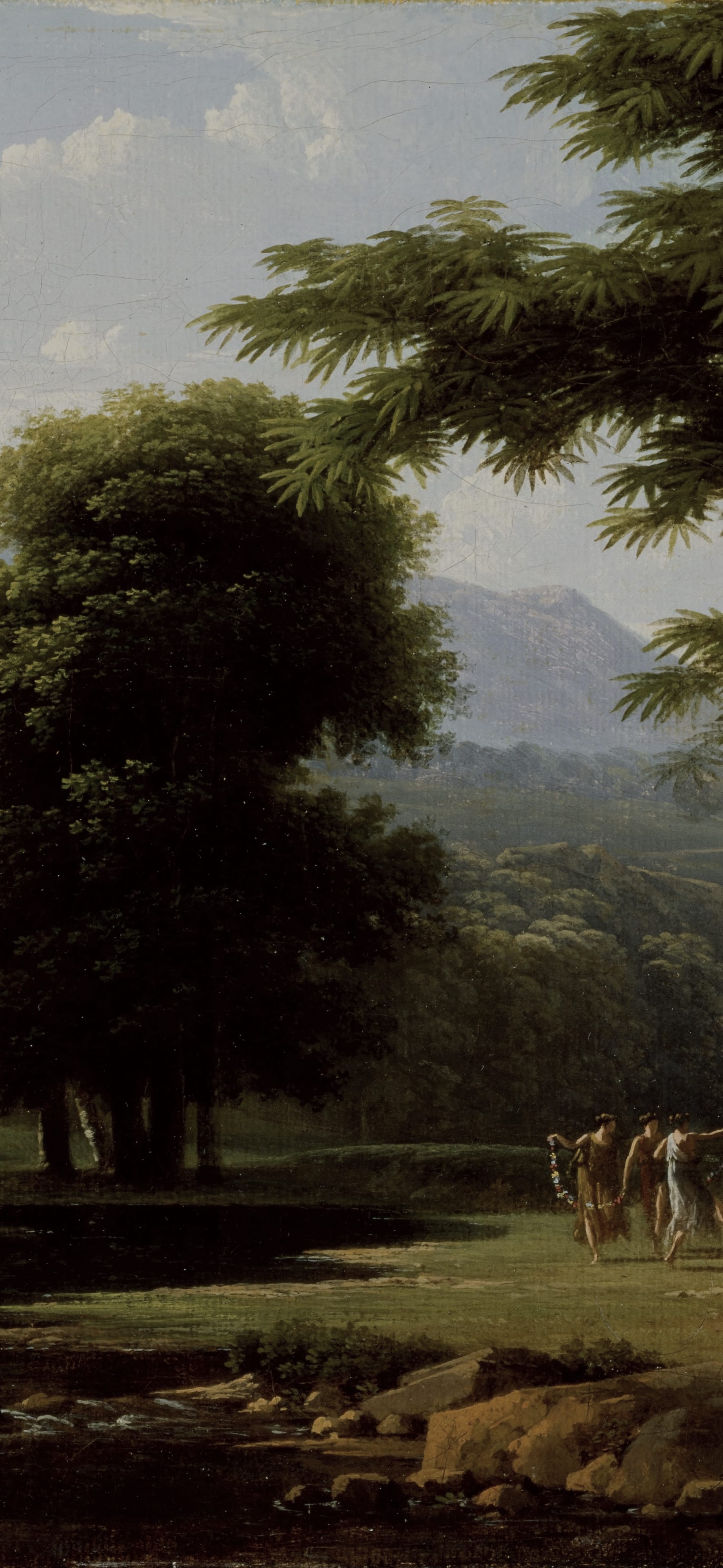 Dark academia vertical iPhone background from a painting: broad meadow under tall trees with pale mountains on the horizon and cattle in the middle distance
