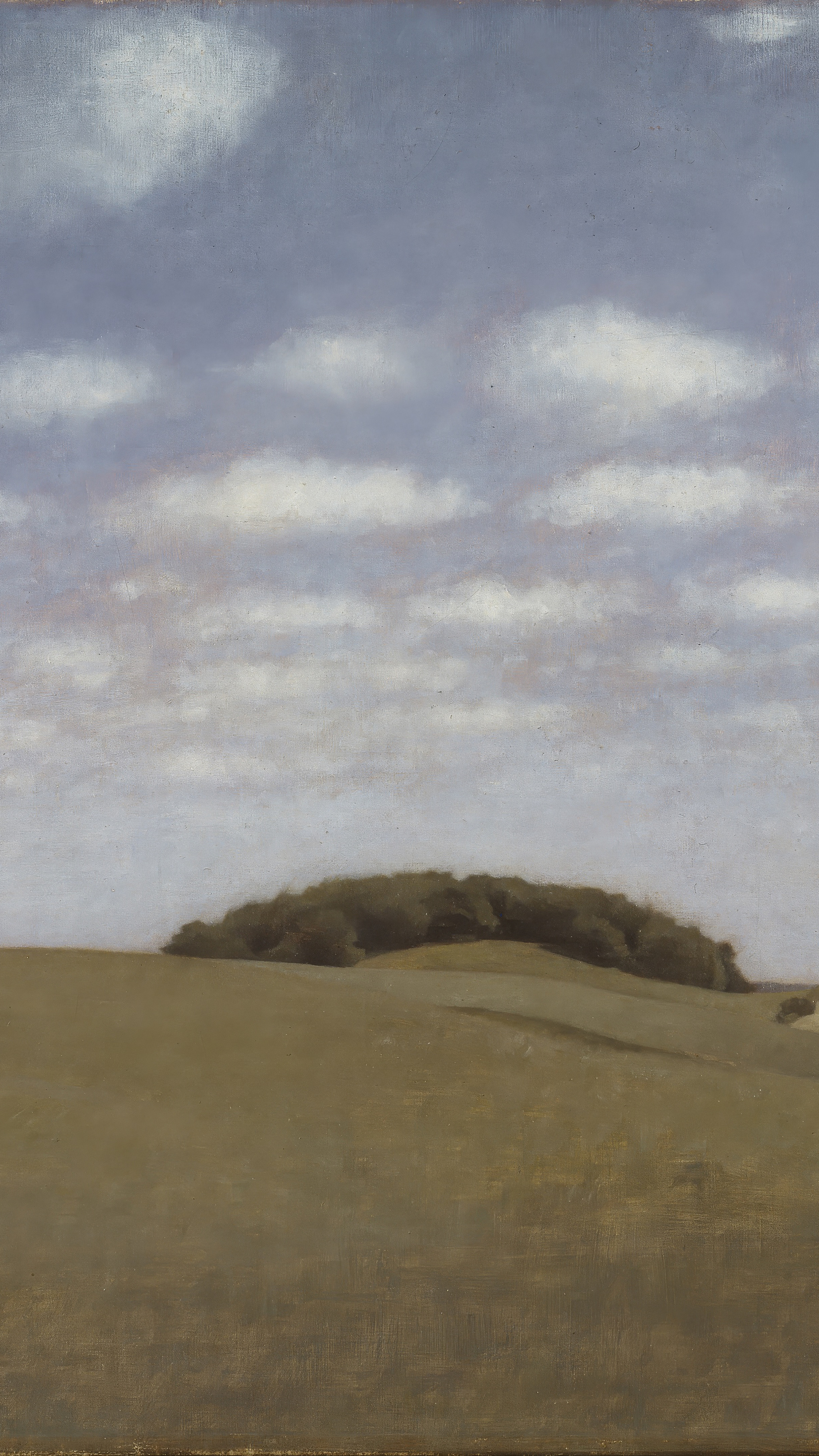 Quiet vertical iPhone background from a painting: an empty ochre field running to a low horizon, one dark clump of trees on the rise, and a wide grey sky of flat scattered cloud above it