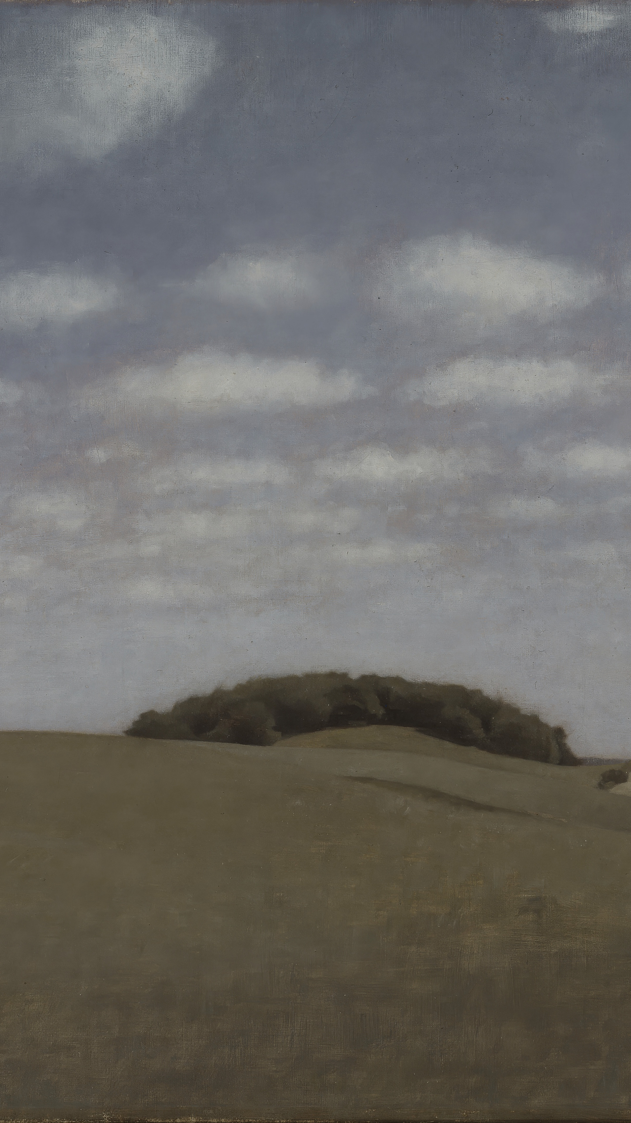 Quiet vertical iPhone background from a painting: an empty ochre field running to a low horizon, one dark clump of trees on the rise, and a wide grey sky of flat scattered cloud above it