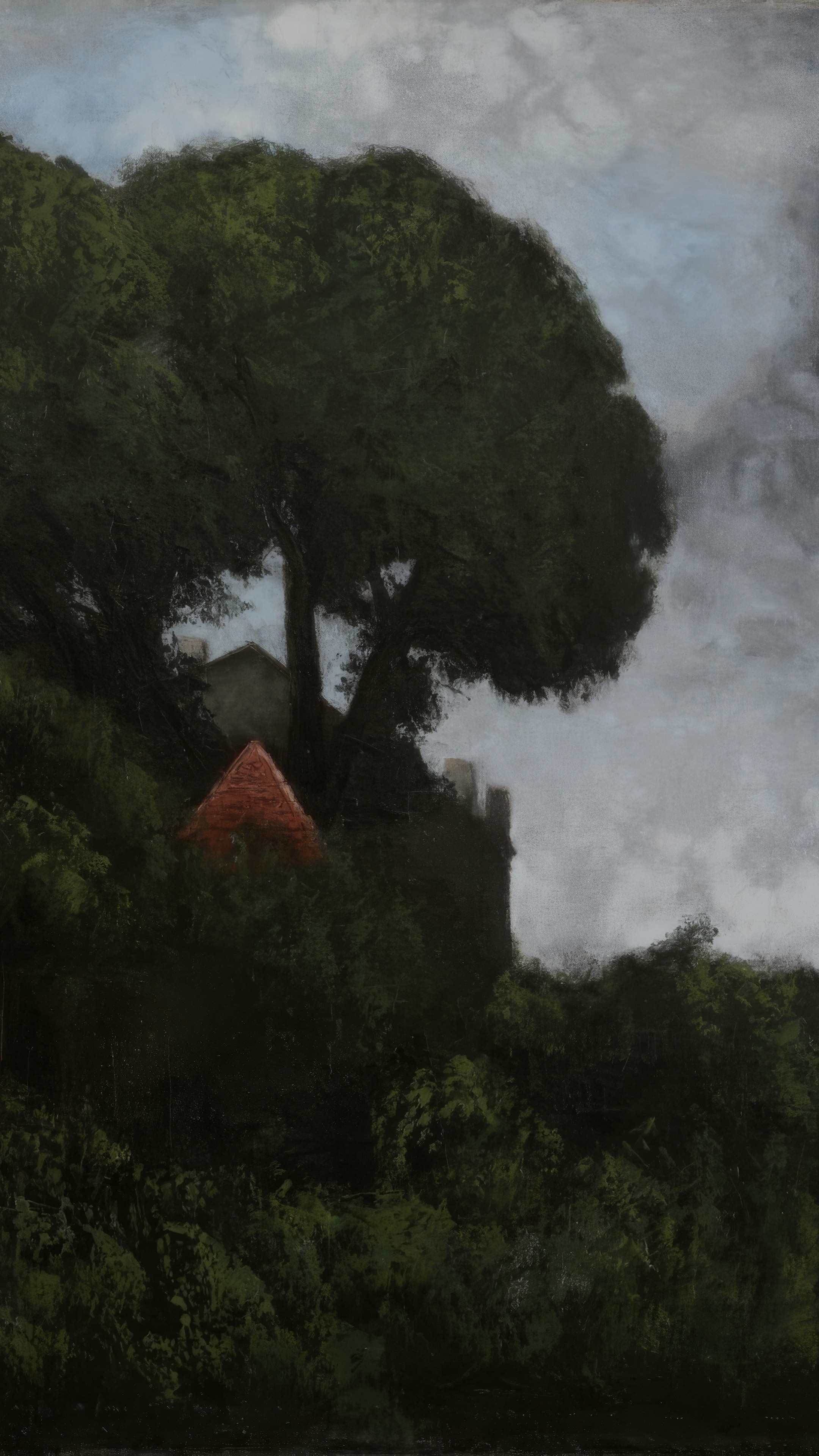 Vertical iPhone background from a painting: a broad dark green tree crown against a pale clouded sky, with a red gable and a grey roof half-hidden in the thicket below it