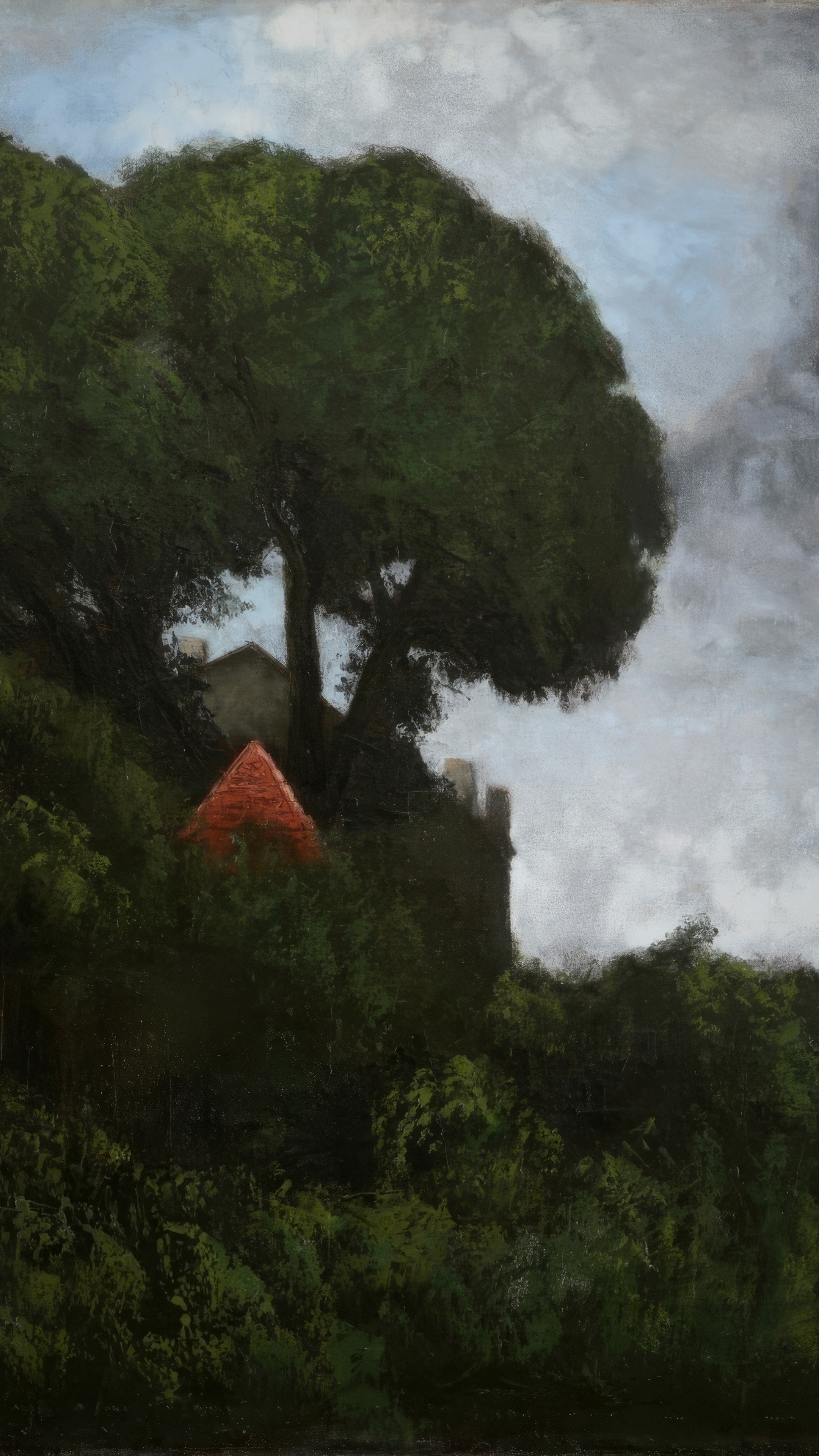 Vertical iPhone background from a painting: a broad dark green tree crown against a pale clouded sky, with a red gable and a grey roof half-hidden in the thicket below it