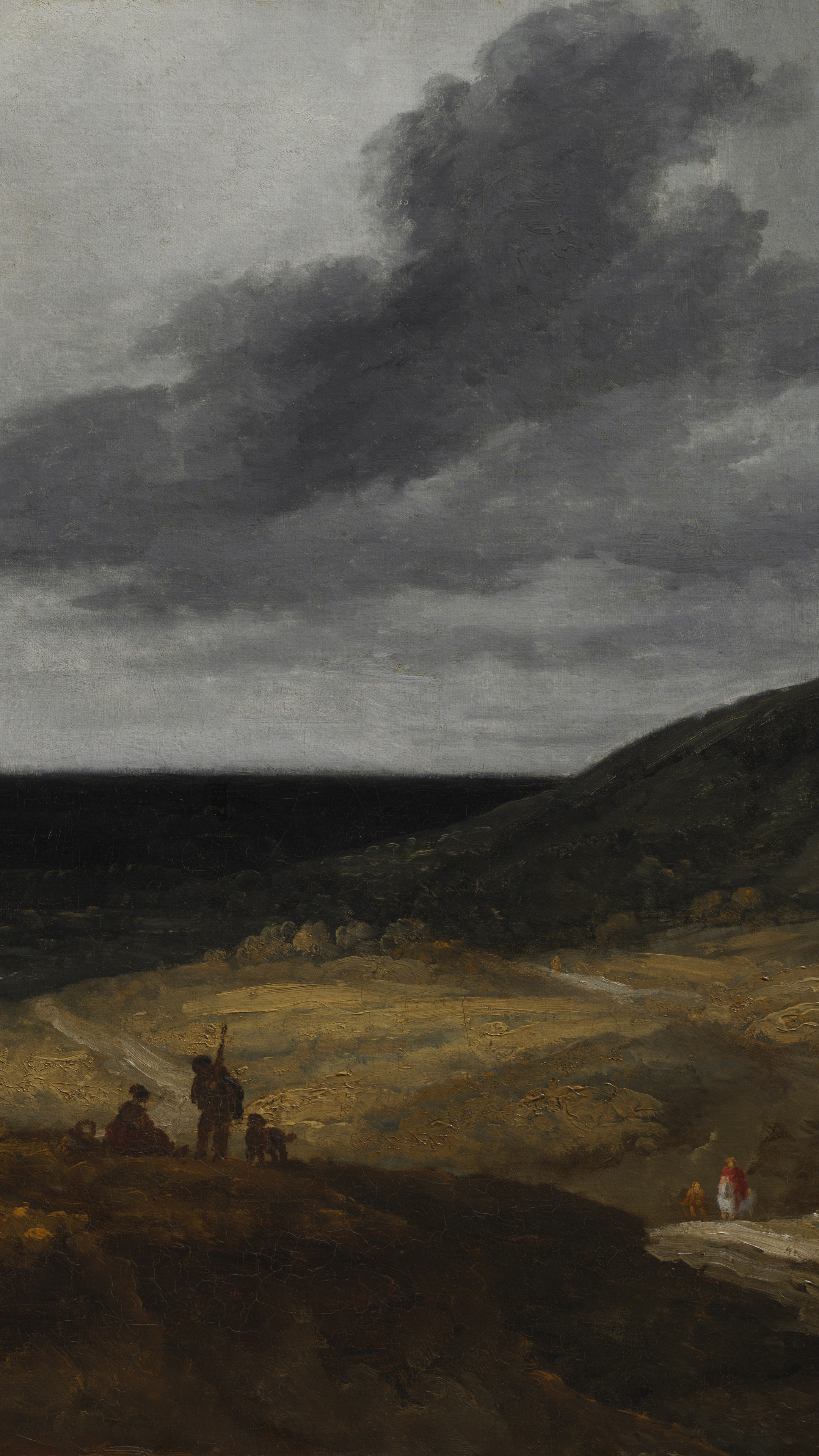 Vertical iPhone background from a painting: stormy grey sky over a wide open valley, sunlit ochre plain, dark hillside on the right, small figures on a winding dirt road