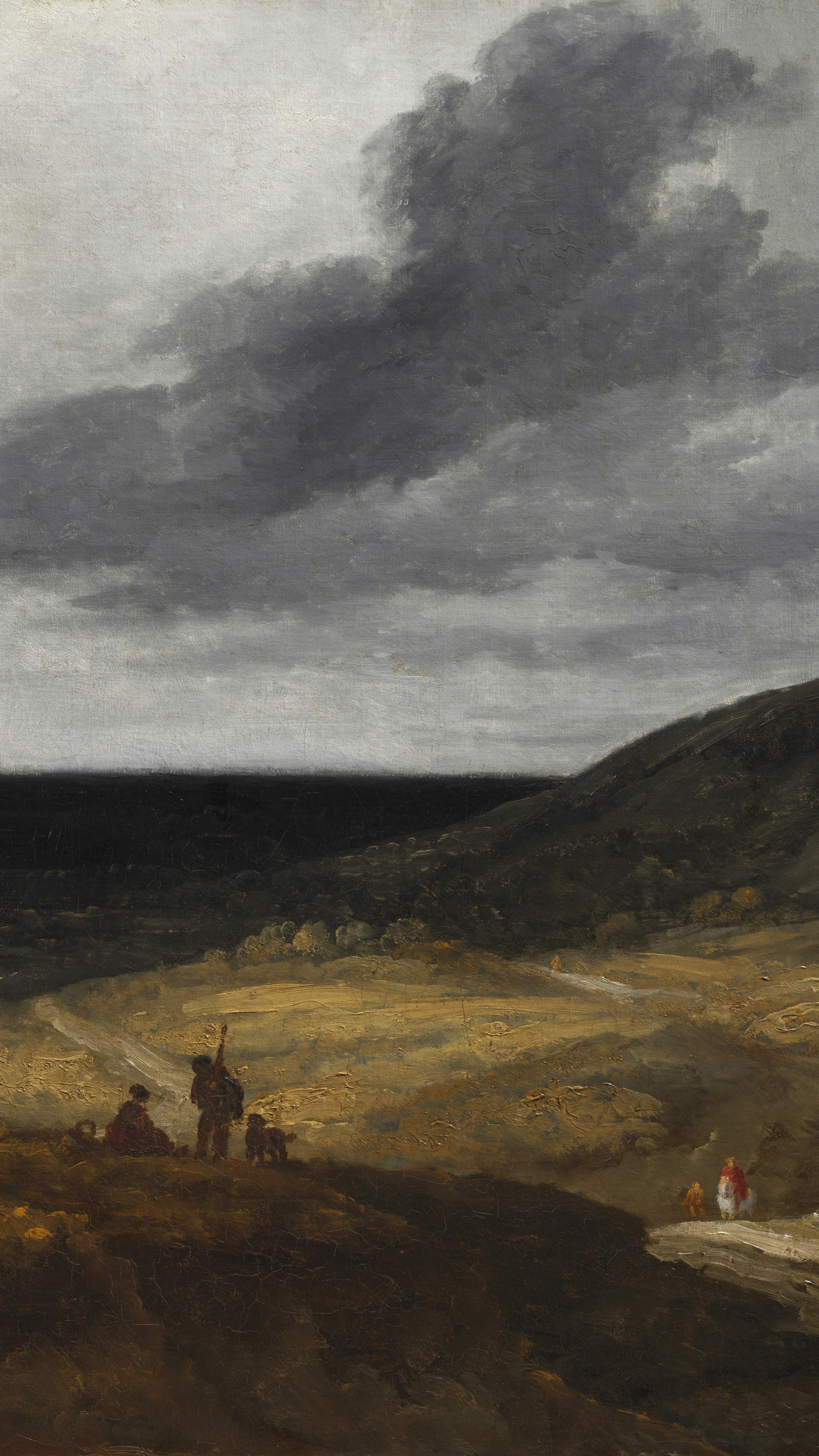 Vertical iPhone background from a painting: stormy grey sky over a wide open valley, sunlit ochre plain, dark hillside on the right, small figures on a winding dirt road