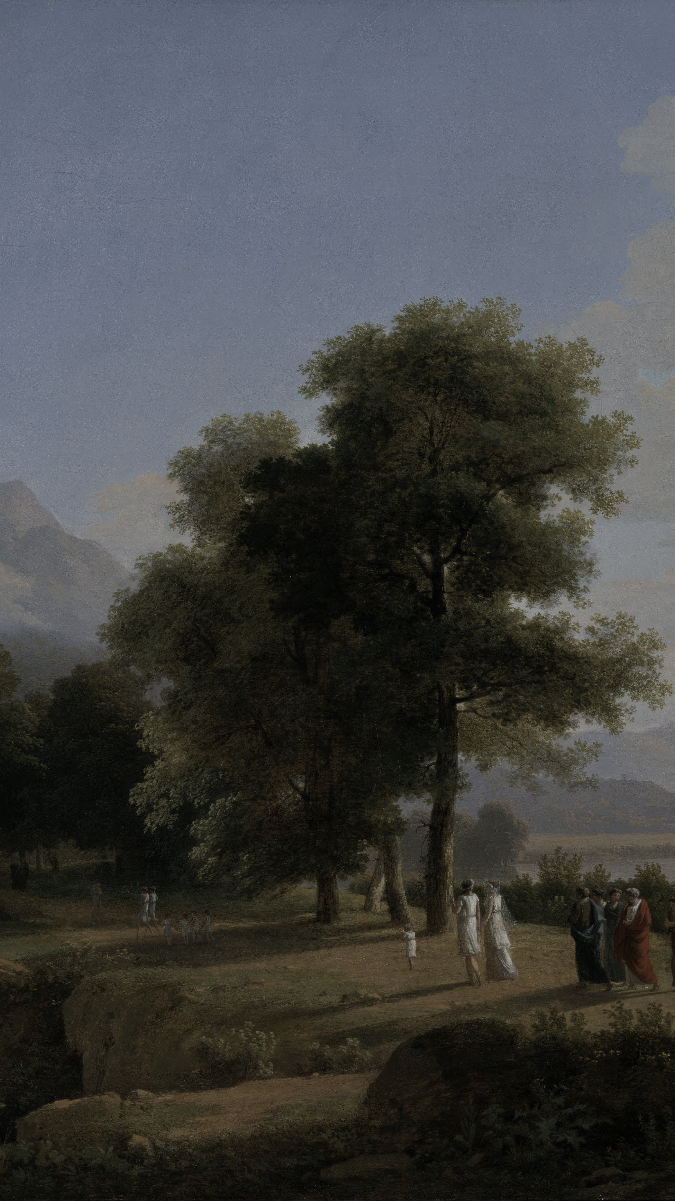Vertical iPhone background from a painting: tall summer trees against a clear blue sky, a pale mountain rising at the left, and small white-robed figures on the dusty path beneath them