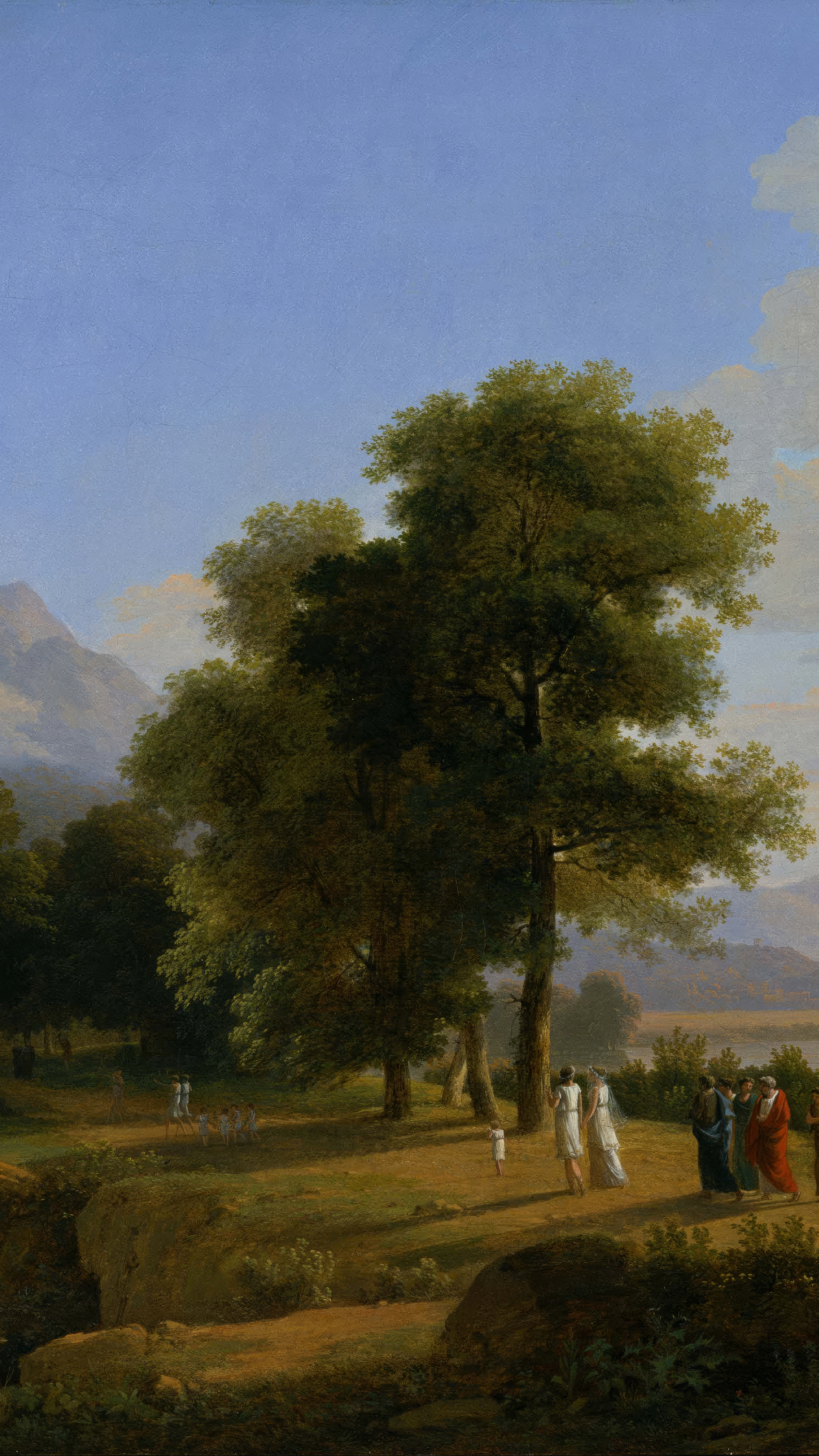 Vertical iPhone background from a painting: tall summer trees against a clear blue sky, a pale mountain rising at the left, and small white-robed figures on the dusty path beneath them