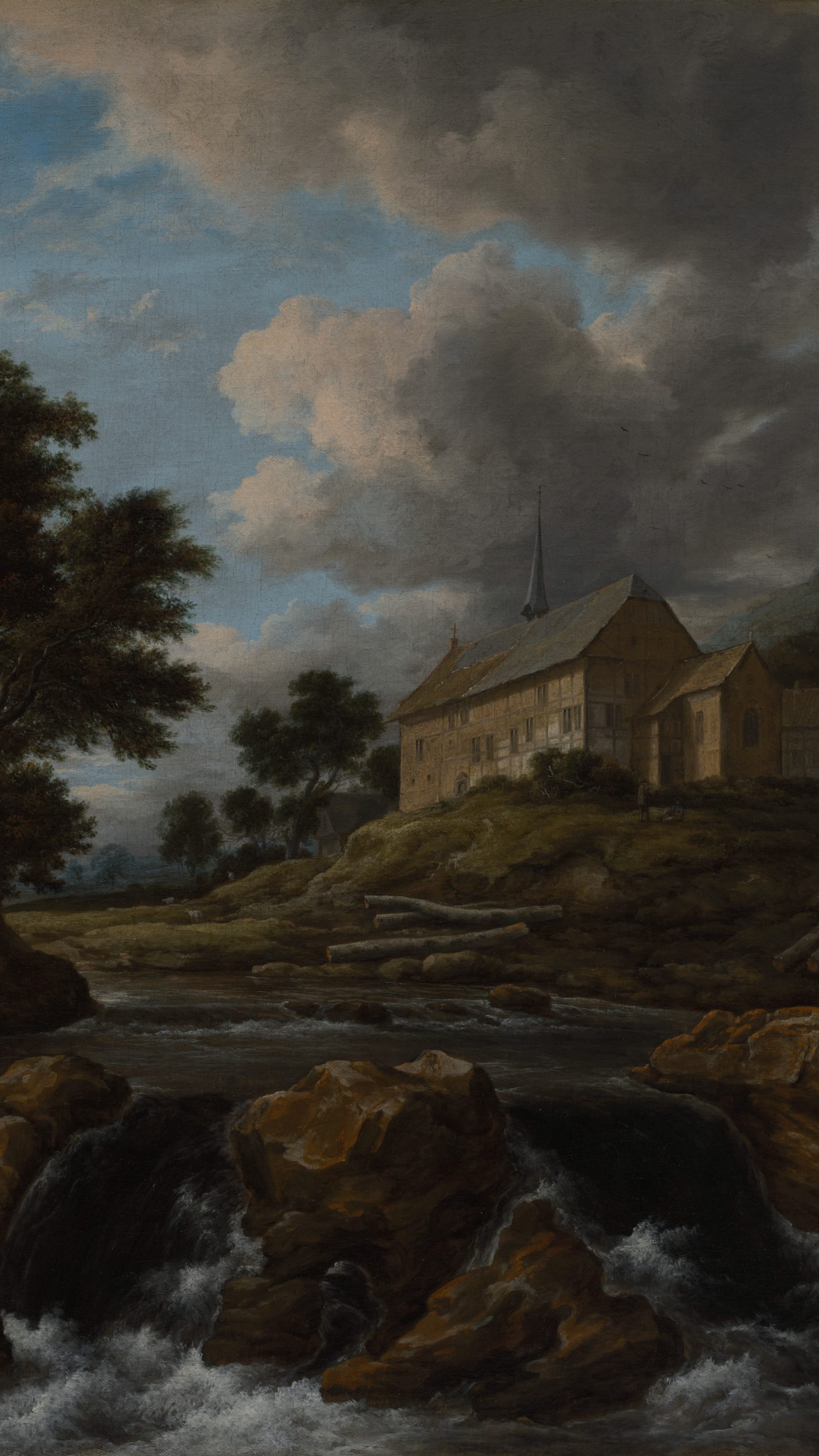 Dark academia vertical iPhone background from a painting: stone church with dark spire above a foaming torrent over orange boulders, tall dark trees at left, billowing storm clouds filling the sky