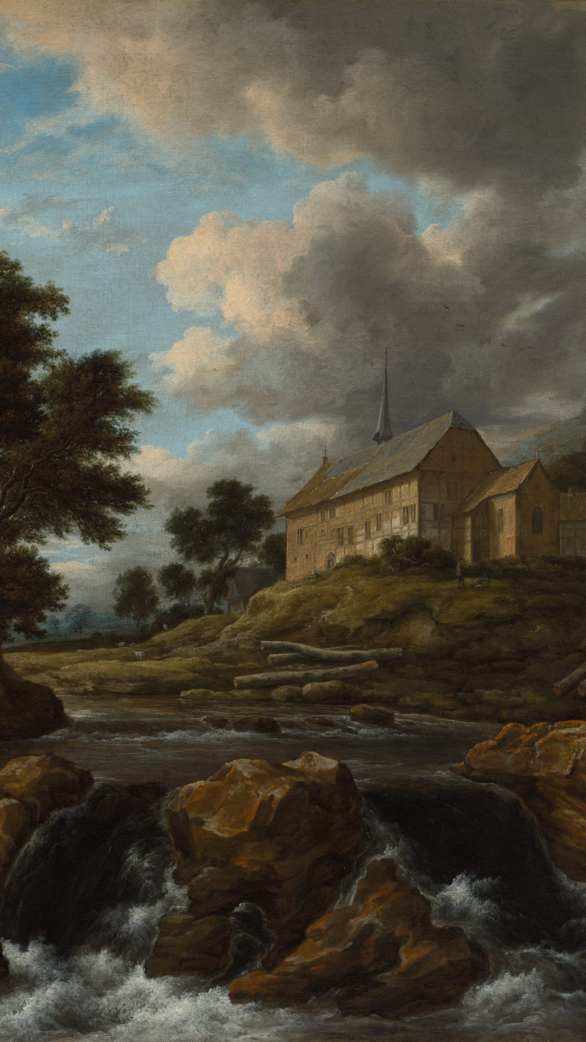 Dark academia vertical iPhone background from a painting: stone church with dark spire above a foaming torrent over orange boulders, tall dark trees at left, billowing storm clouds filling the sky