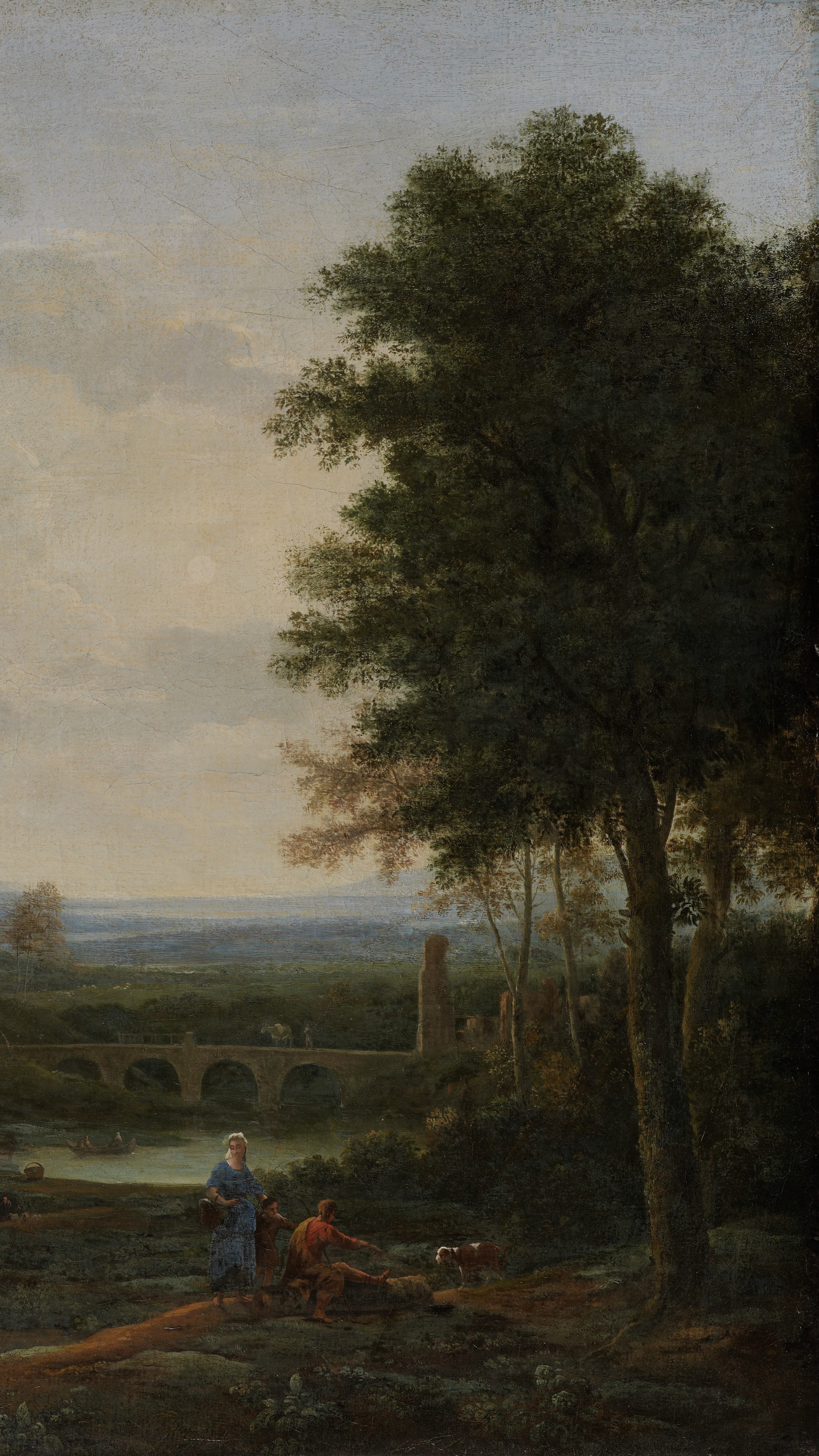 Vertical iPhone background from a painting: warm classical landscape with tall trees, a ruined column, hills and a distant plain