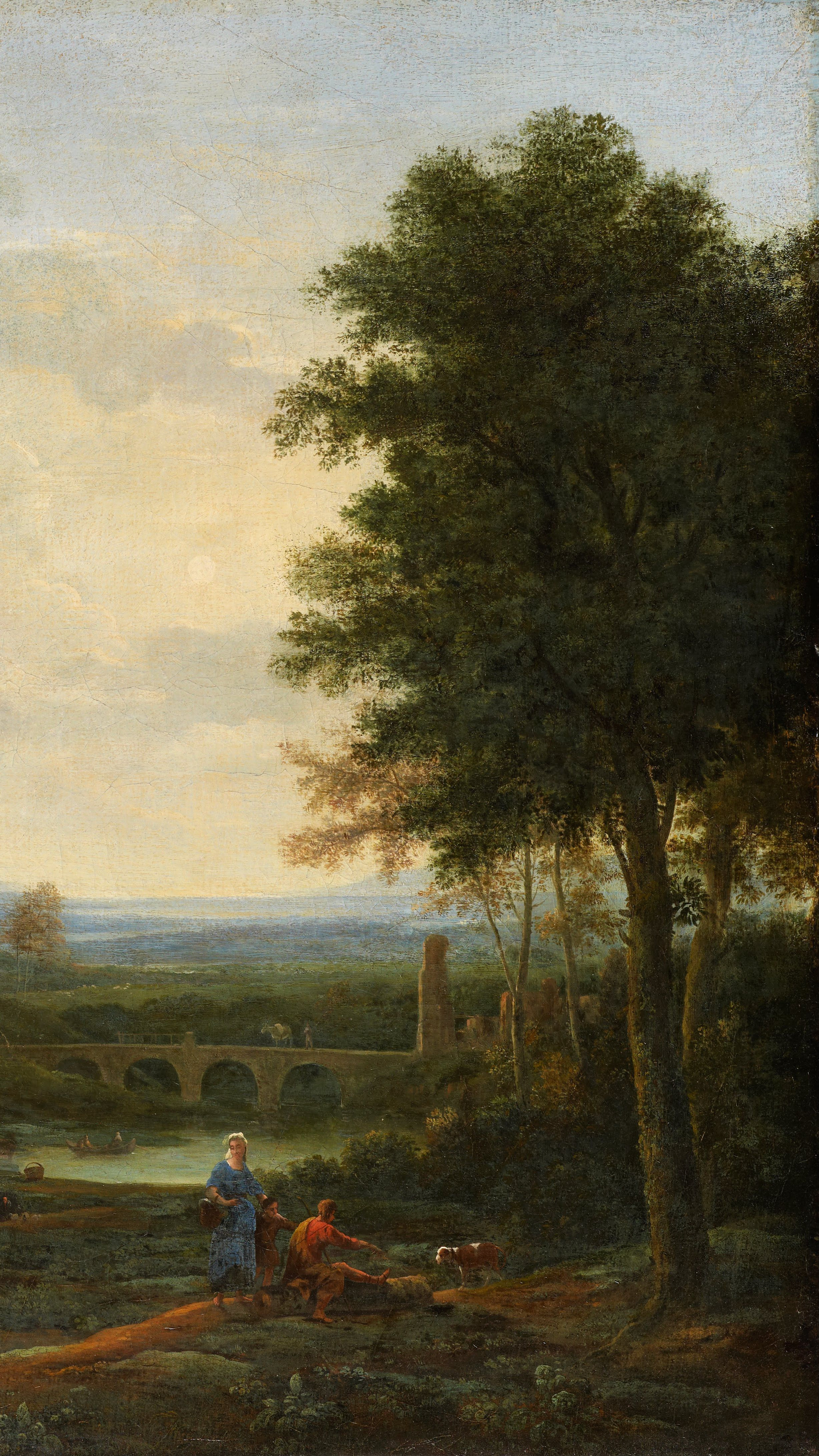 Vertical iPhone background from a painting: warm classical landscape with tall trees, a ruined column, hills and a distant plain
