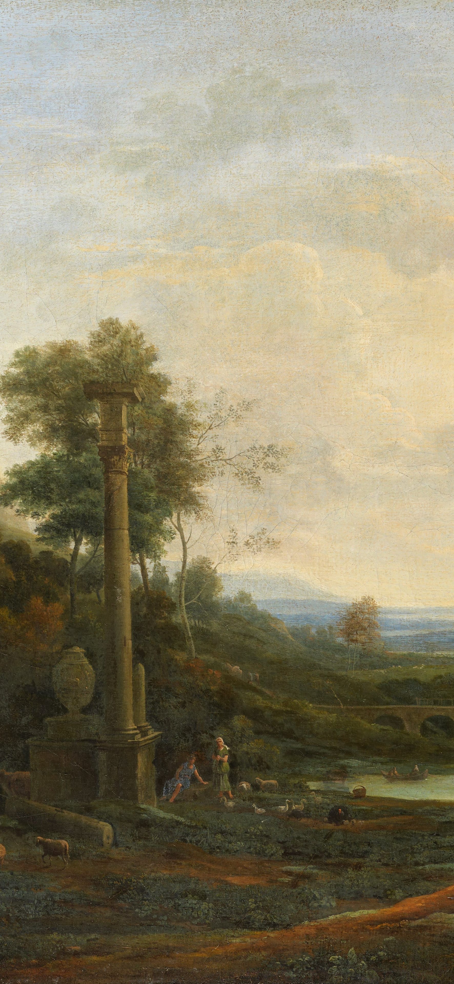 Vertical iPhone background from a painting: warm classical landscape with tall trees, a ruined column, hills and a distant plain