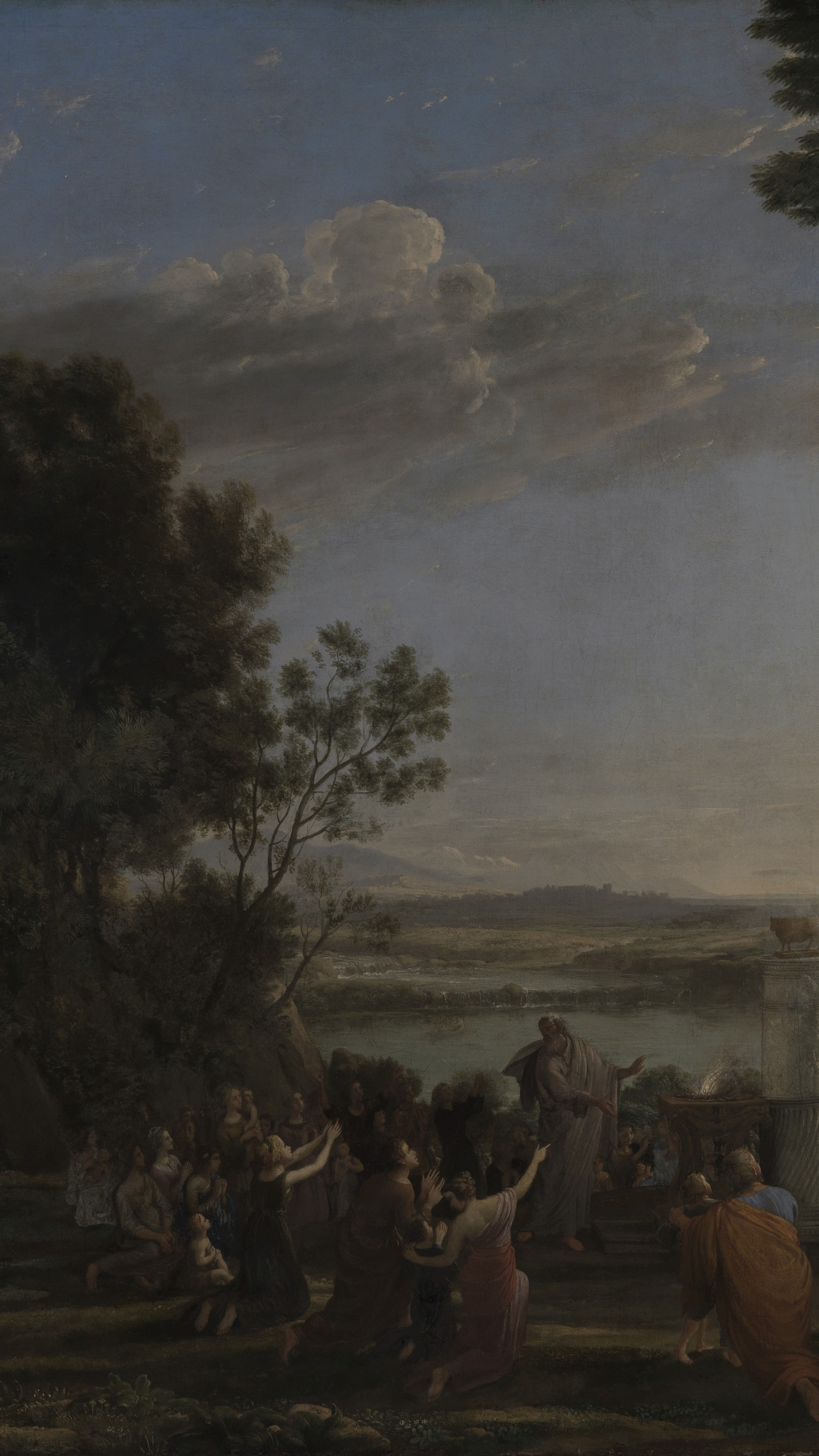 Vertical iPhone background from a painting: dark trees over a crowd on open ground in warm hazy light with hills beyond
