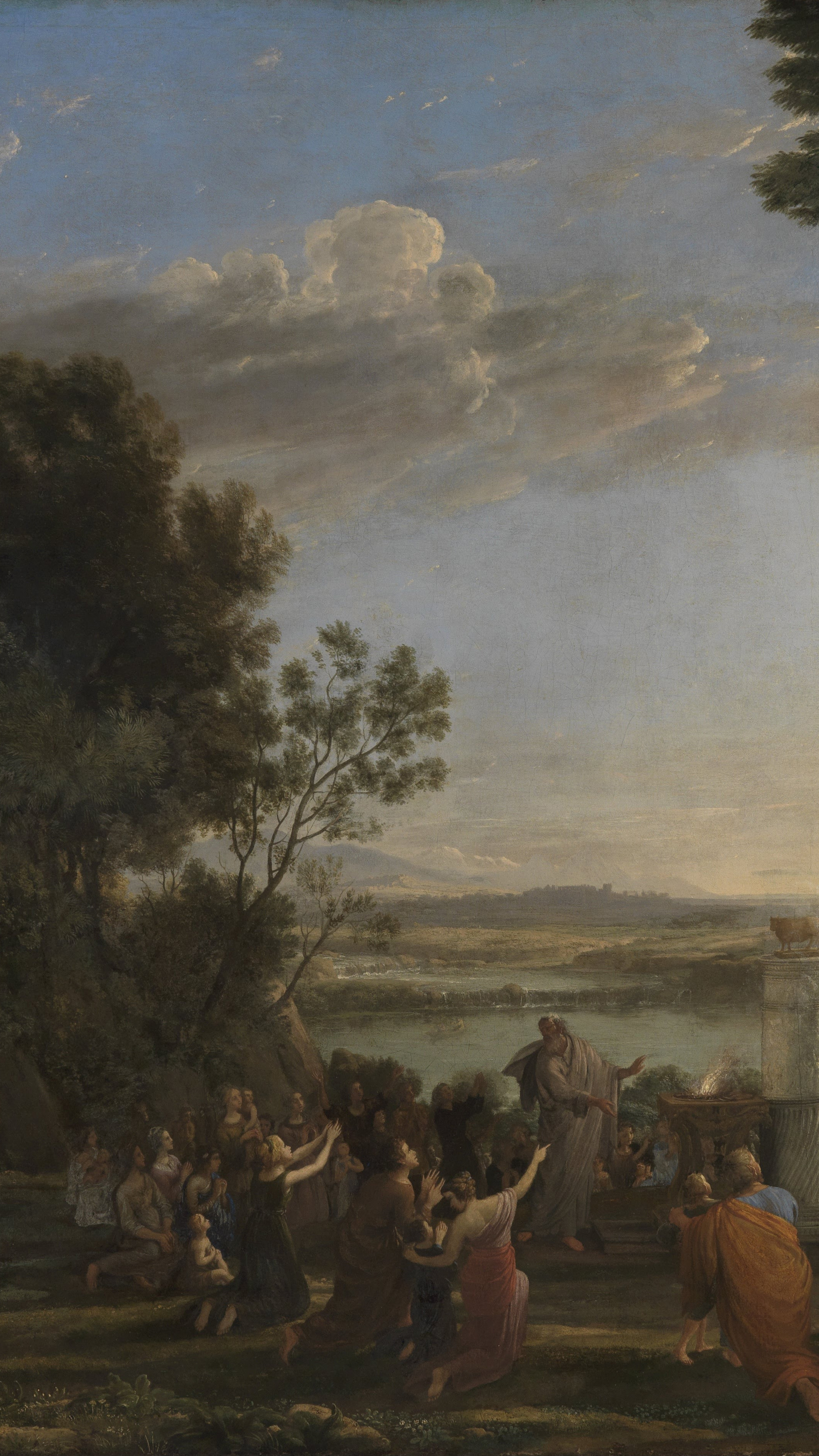 Vertical iPhone background from a painting: dark trees over a crowd on open ground in warm hazy light with hills beyond