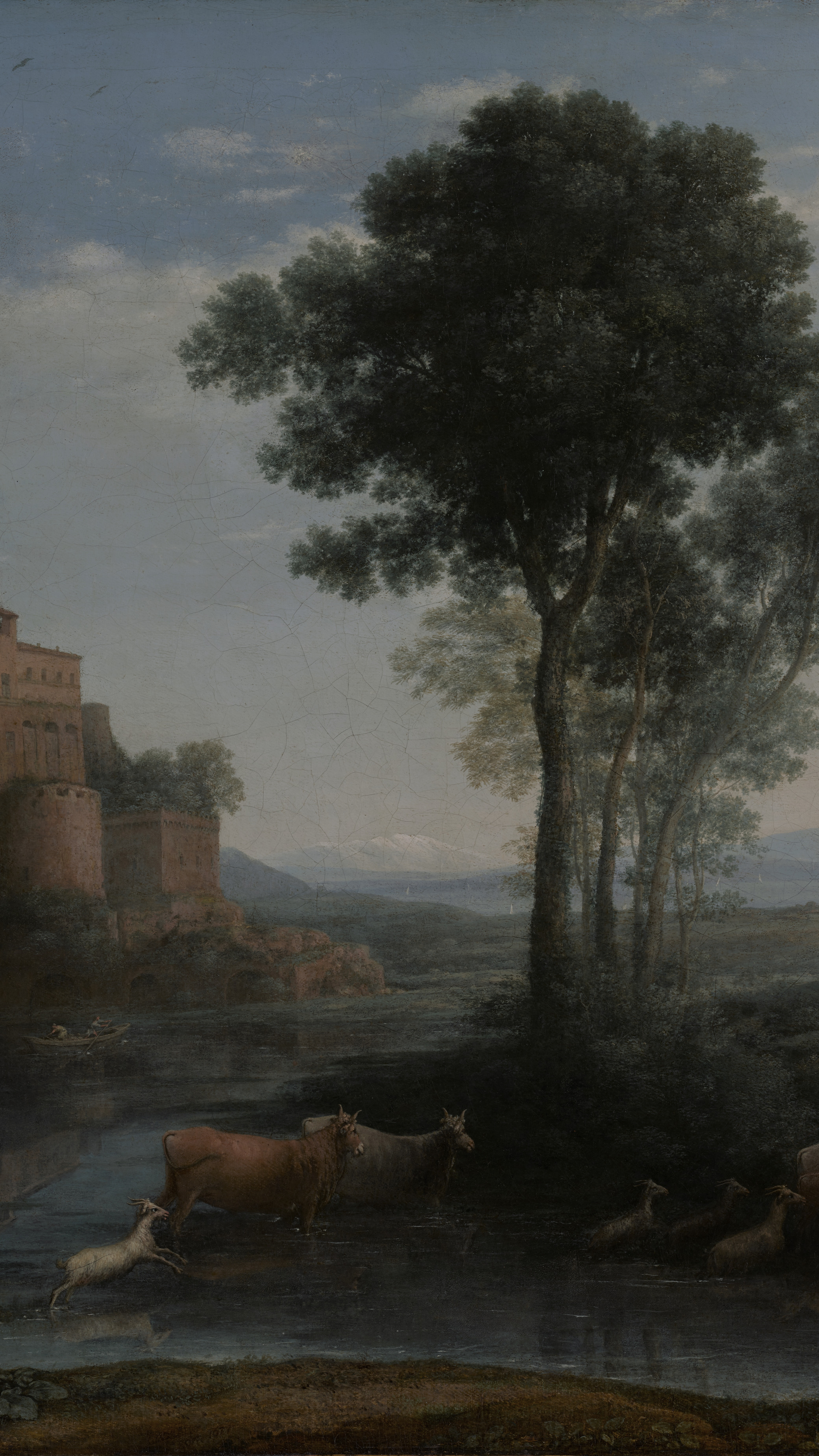 Dark academia vertical iPhone background from a painting: square tower and trees above a river with cattle wading under a pale blue-green sky