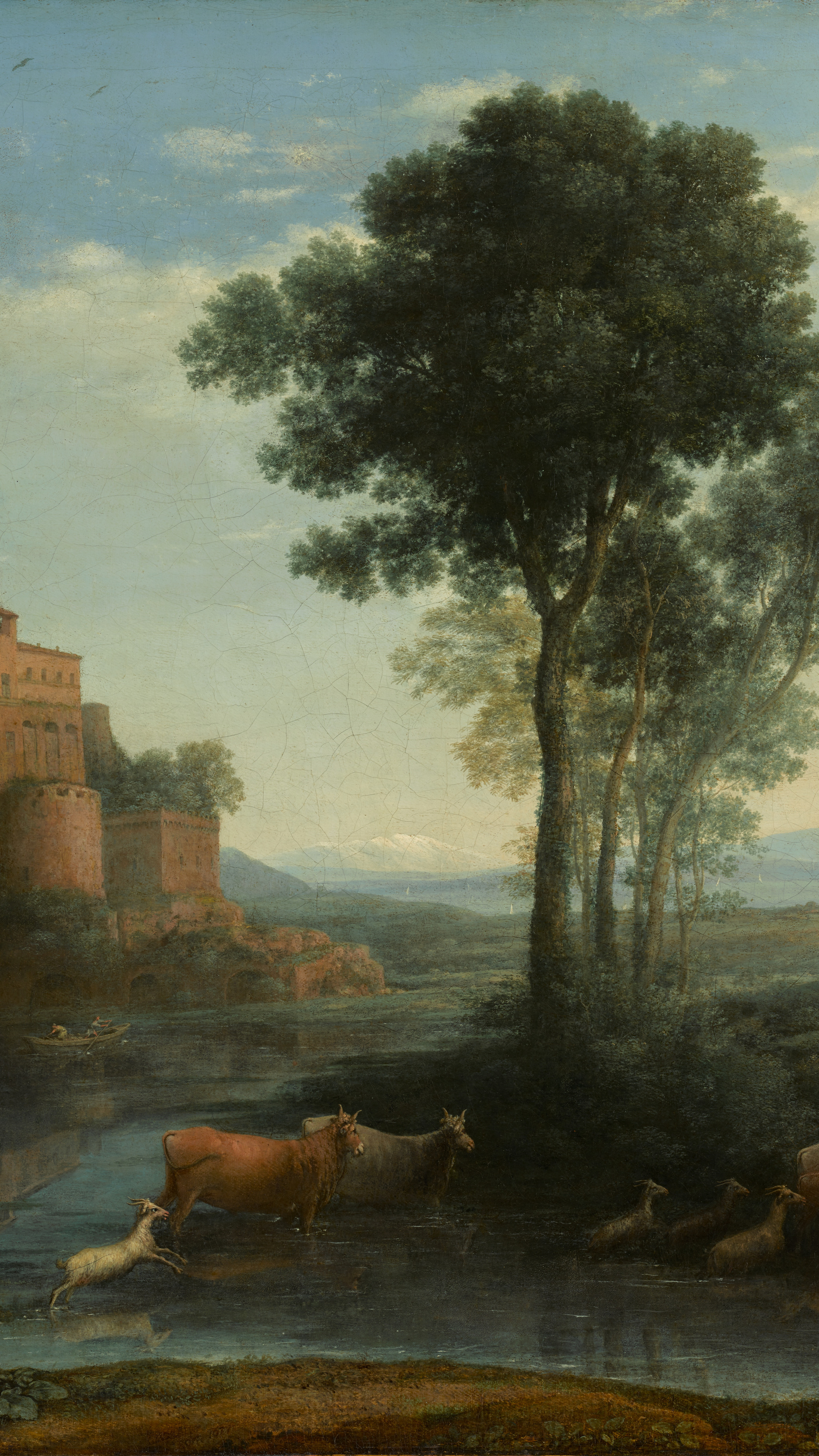 Dark academia vertical iPhone background from a painting: square tower and trees above a river with cattle wading under a pale blue-green sky