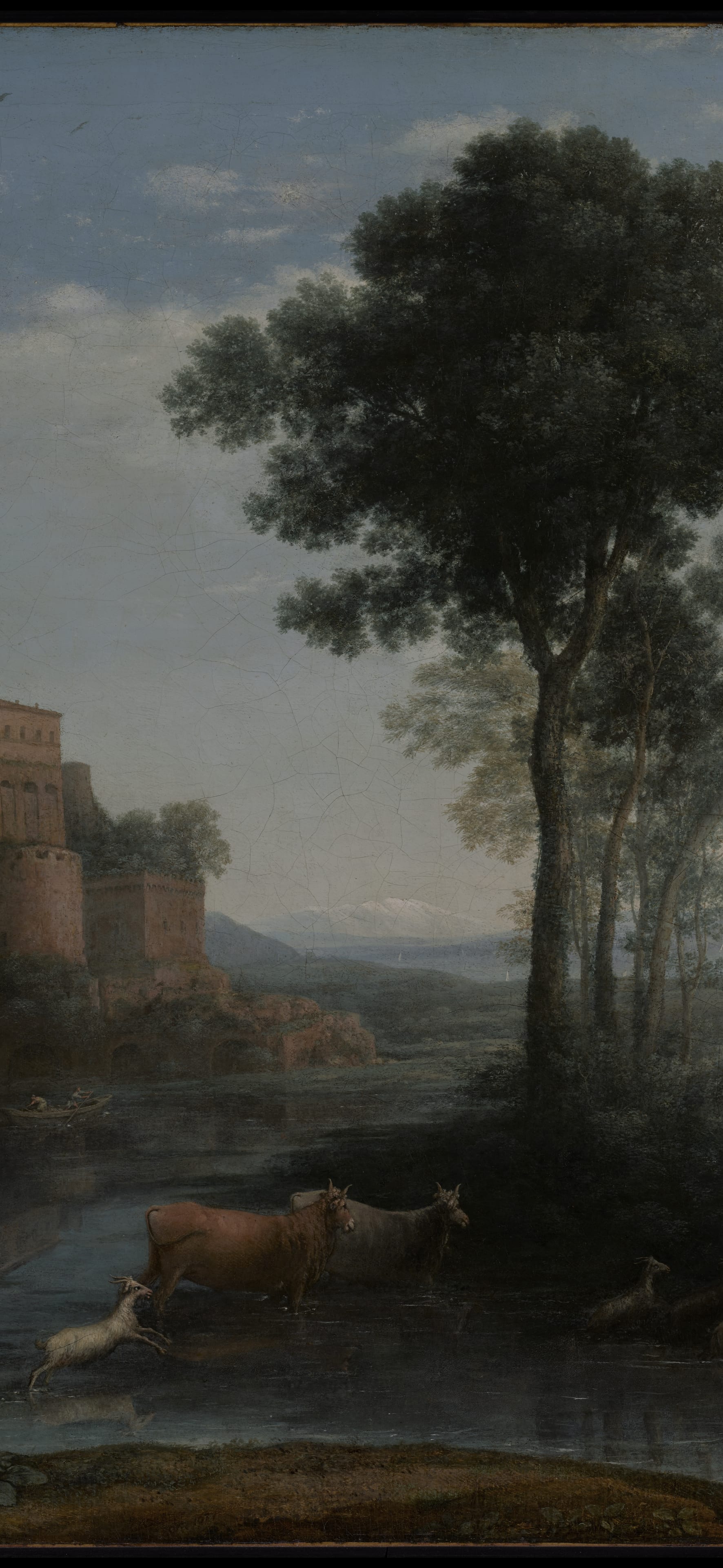 Dark academia vertical iPhone background from a painting: square tower and trees above a river with cattle wading under a pale blue-green sky