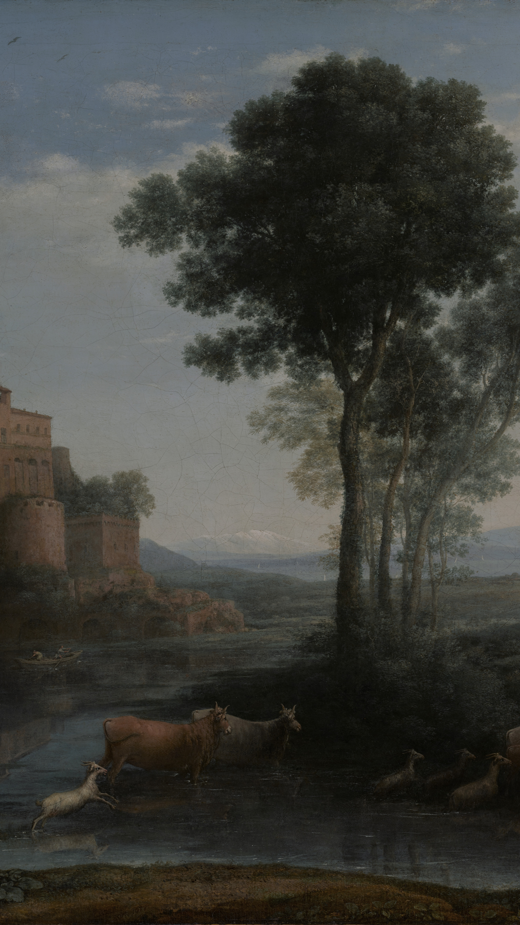 Dark academia vertical iPhone background from a painting: square tower and trees above a river with cattle wading under a pale blue-green sky