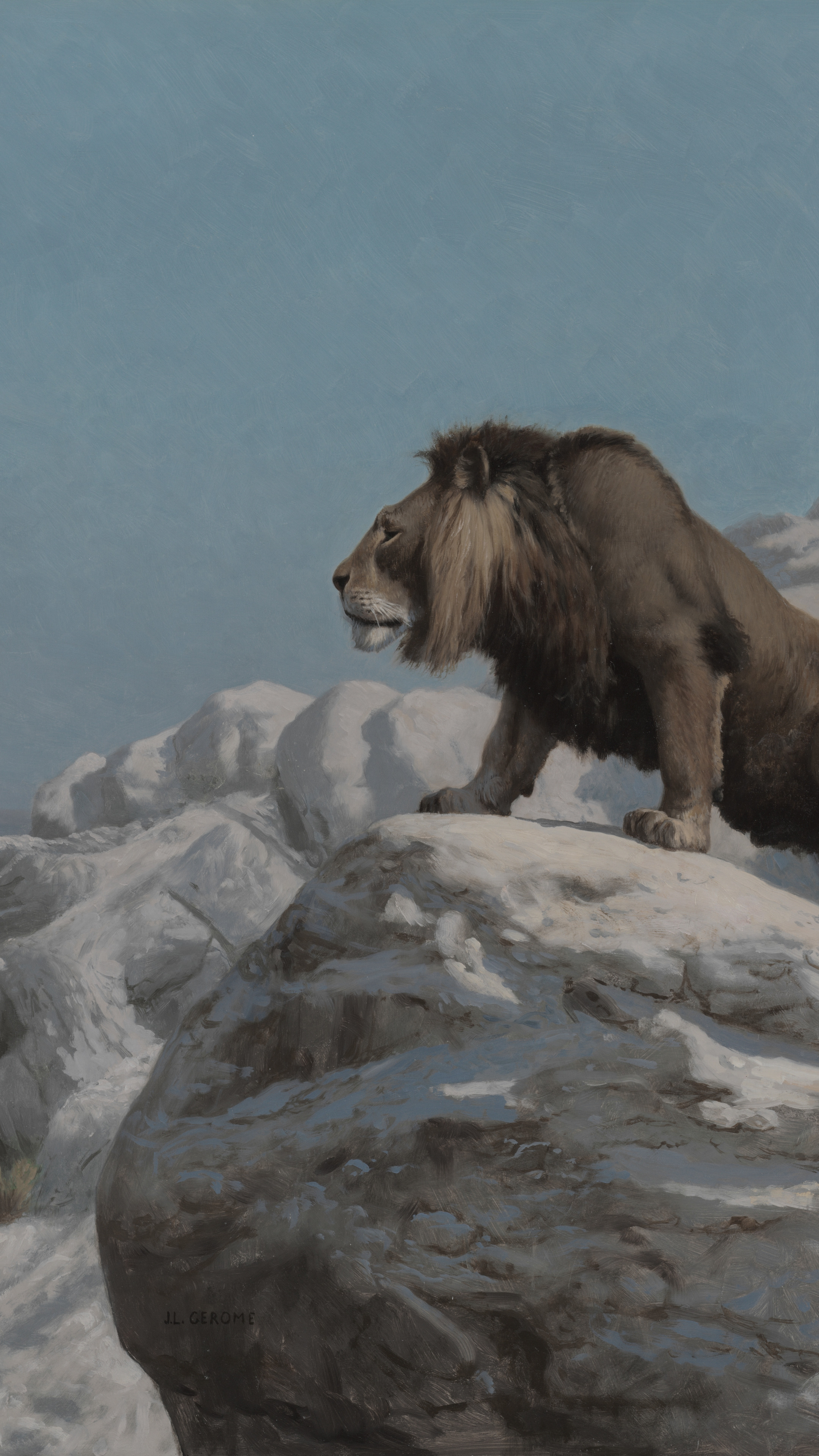 Vertical iPhone background from a painting: male lion standing alert on sun-bleached white rocks in profile, clear bright blue sky, arid desert stretching to the horizon