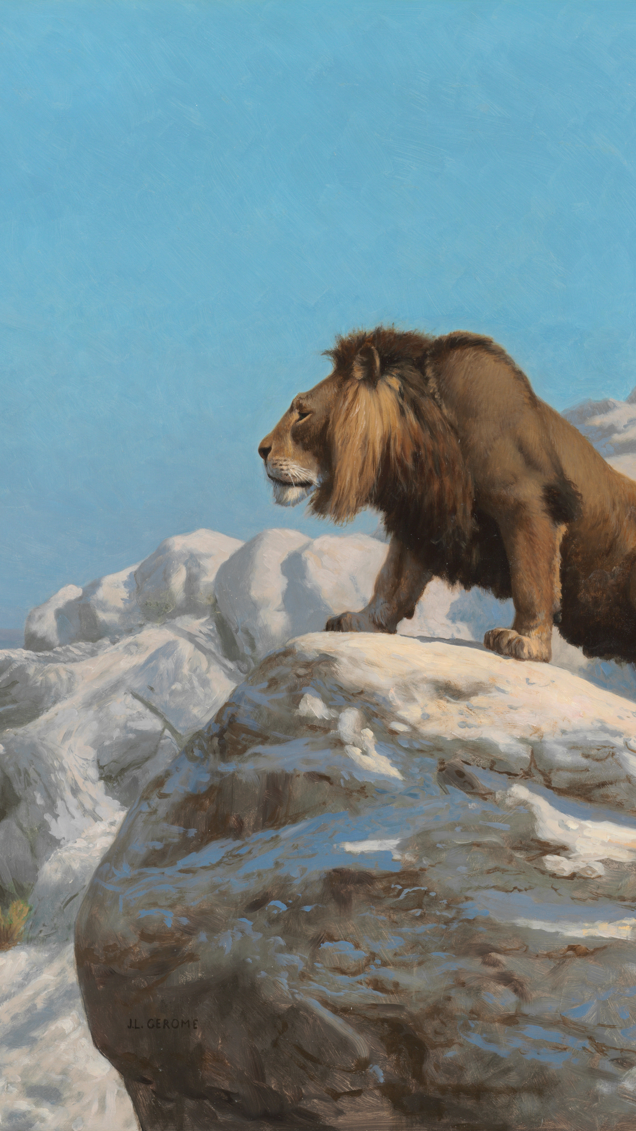 Vertical iPhone background from a painting: male lion standing alert on sun-bleached white rocks in profile, clear bright blue sky, arid desert stretching to the horizon
