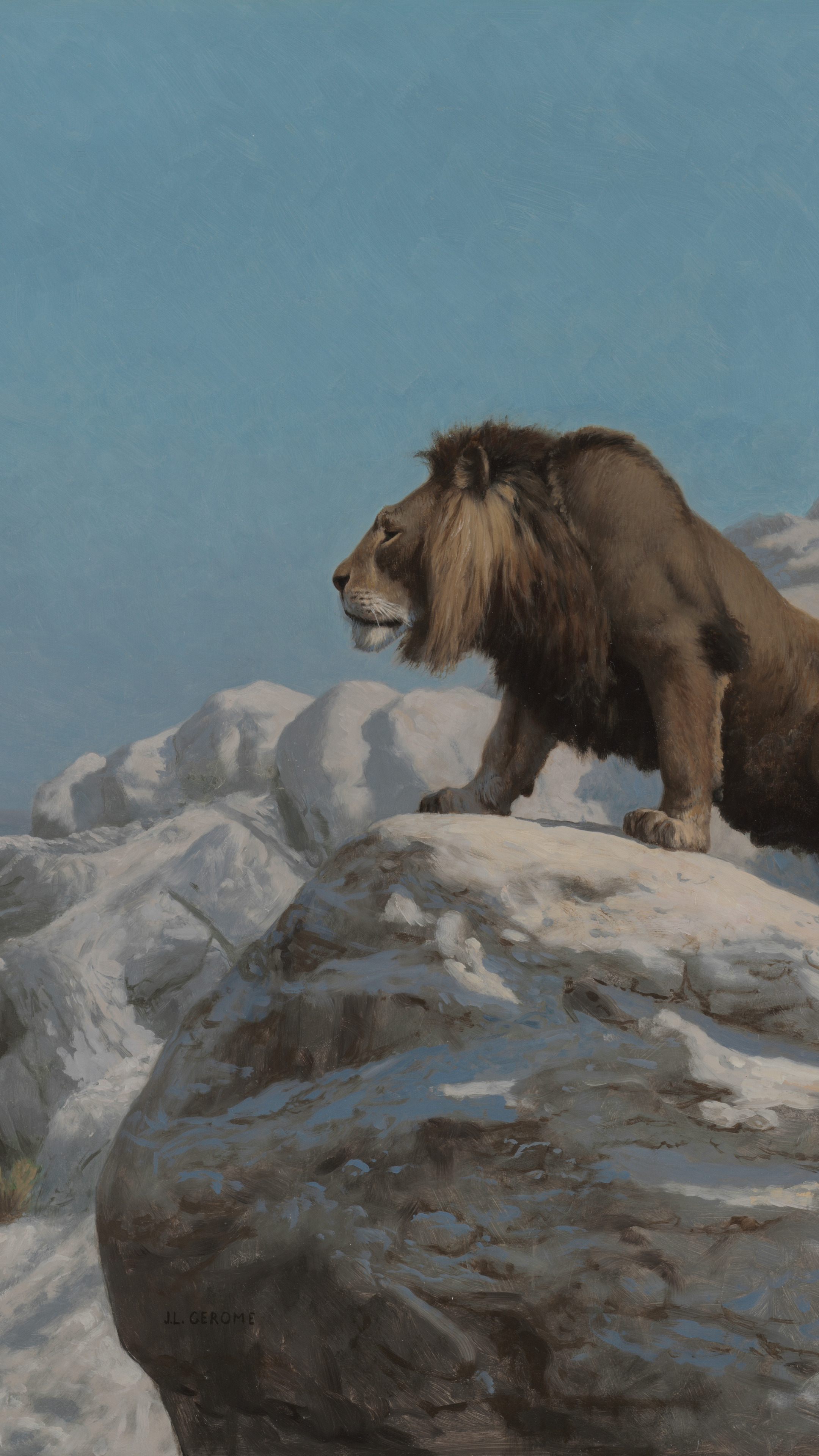 Vertical iPhone background from a painting: male lion standing alert on sun-bleached white rocks in profile, clear bright blue sky, arid desert stretching to the horizon