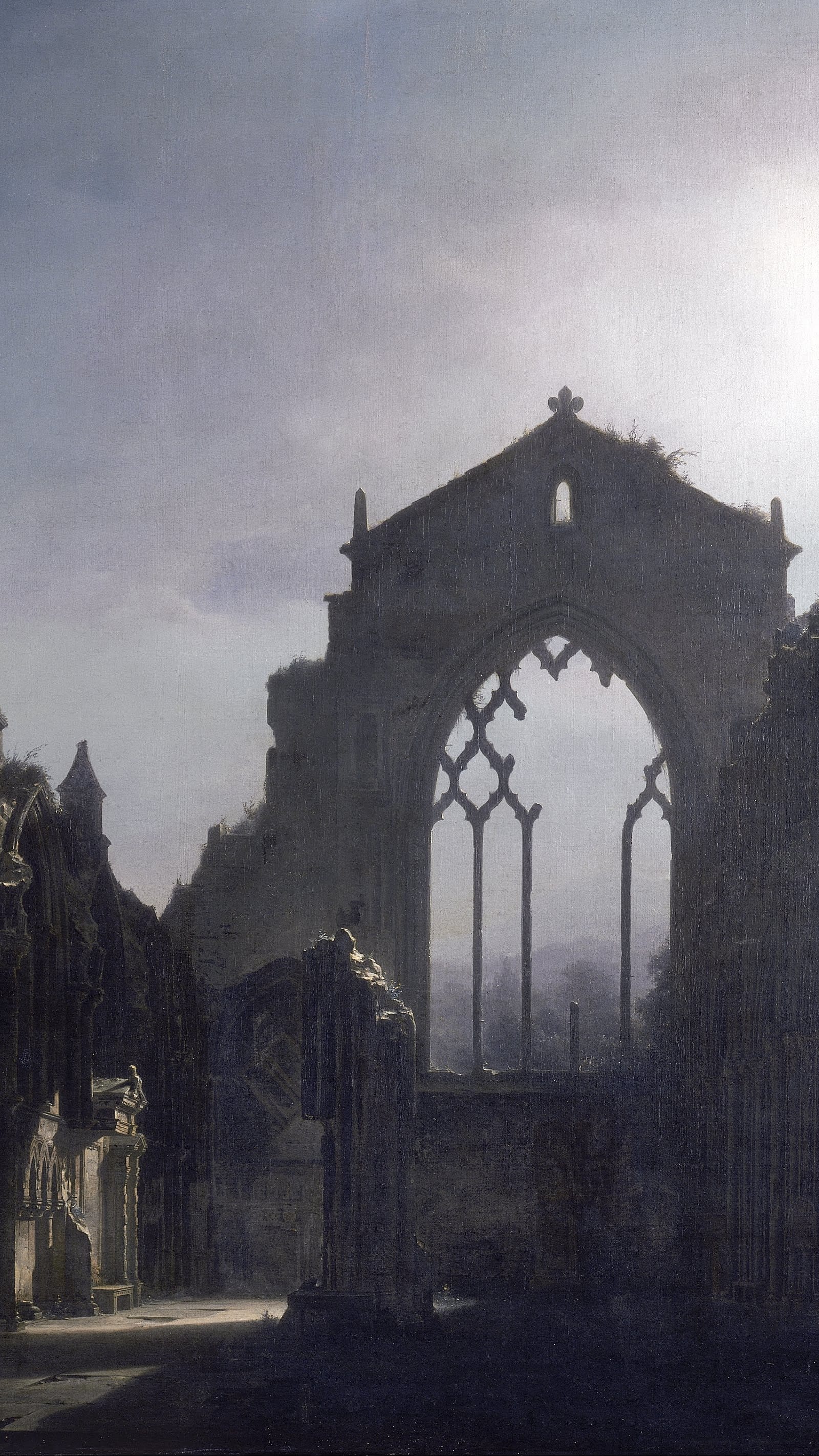 Dark moody desktop background from a painting: roofless Gothic chapel ruins lit by moonlight, pointed stone arches and empty tracery windows open to a cloudy night sky, ivy climbing the broken walls, a faint lantern glow on the flagstones below