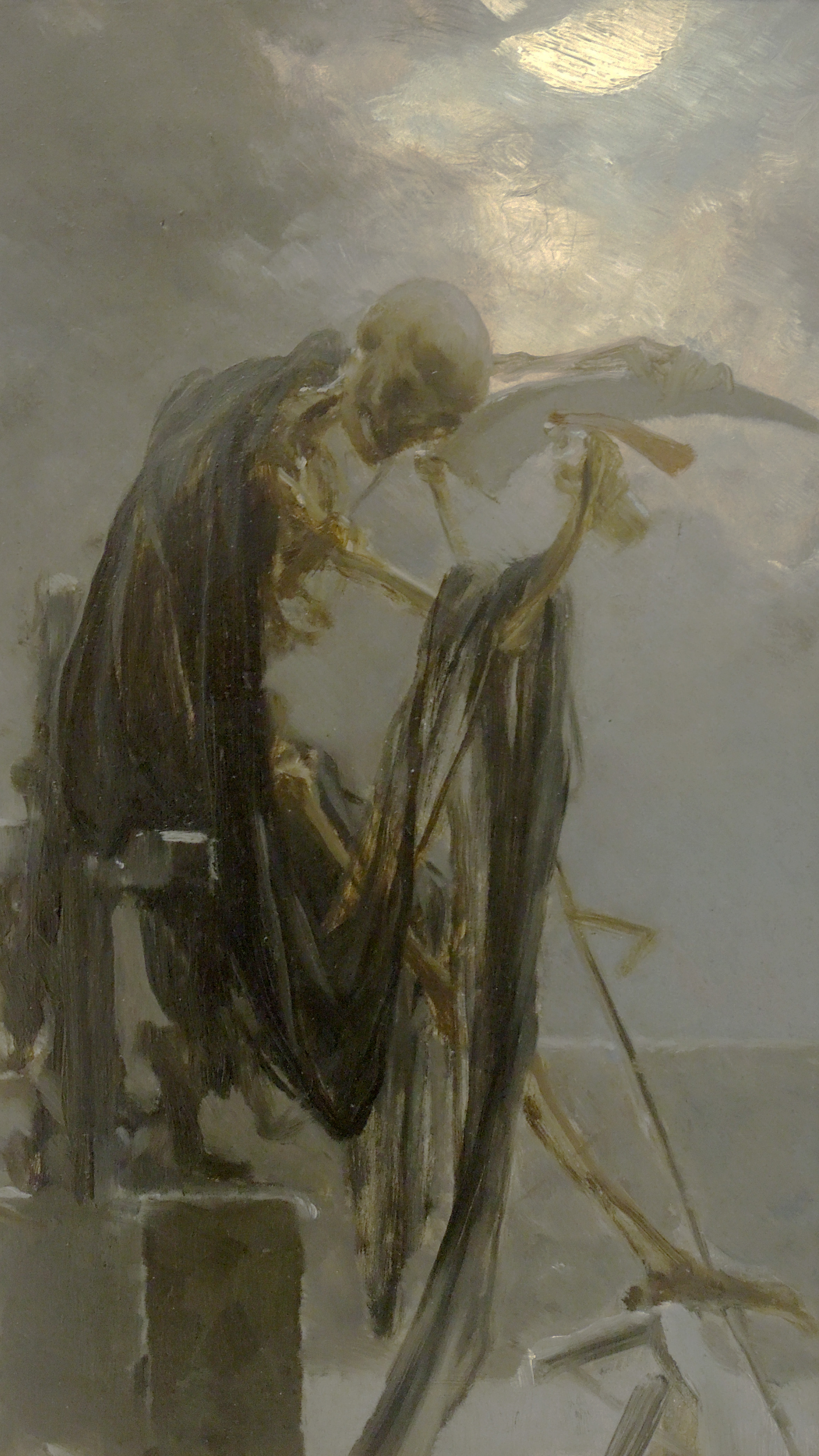 Vertical iPhone background from a painting: a skeletal robed figure of Death leaning on a scythe against a pale moonlit sky, loose expressive brushwork