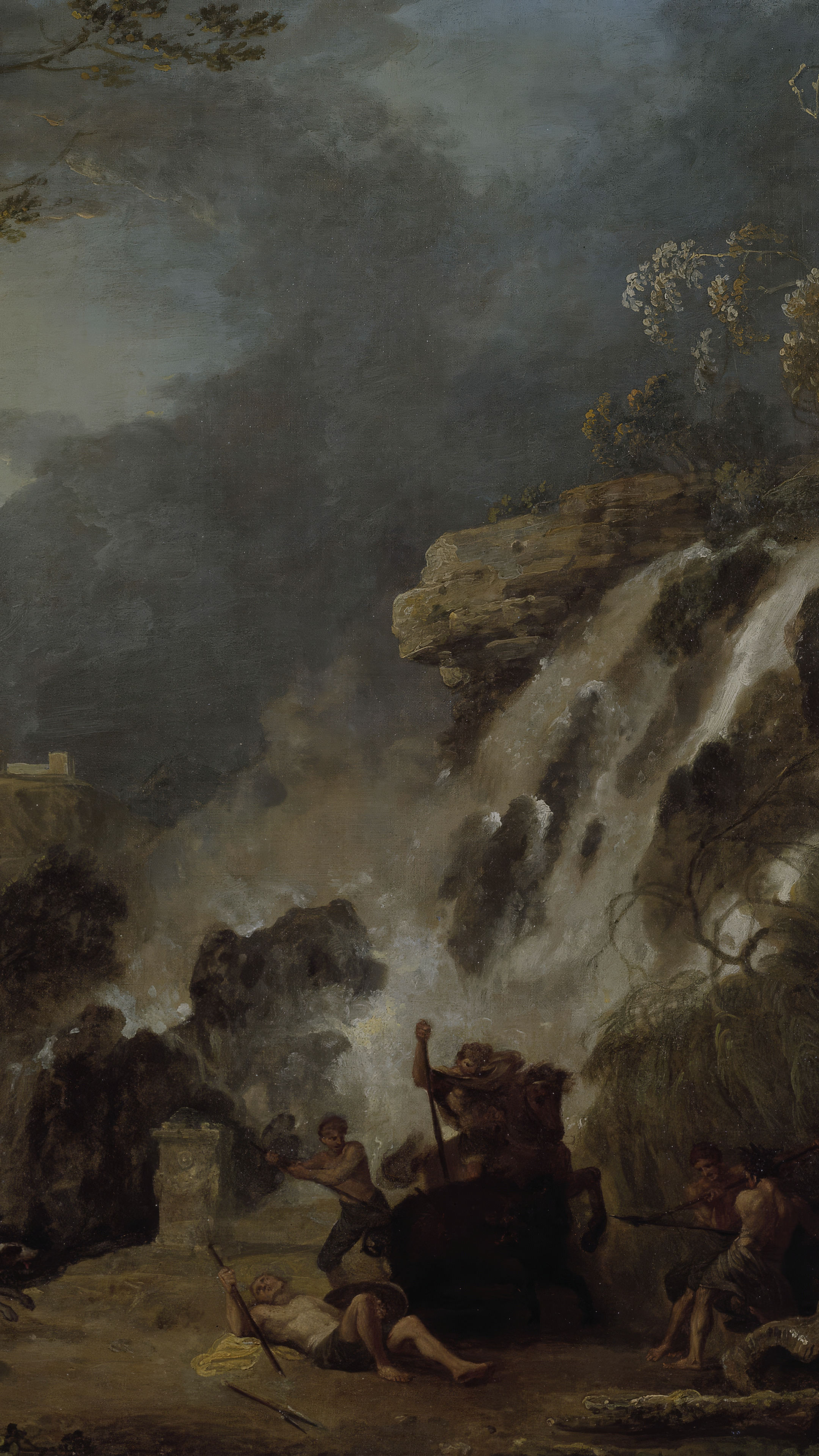 Dark moody vertical iPhone background from a painting: a waterfall breaking white through a grey rocky gorge under a heavy sky, a pale temple on the cliff at the left, and hunters resting with their kill at the foot of the rocks