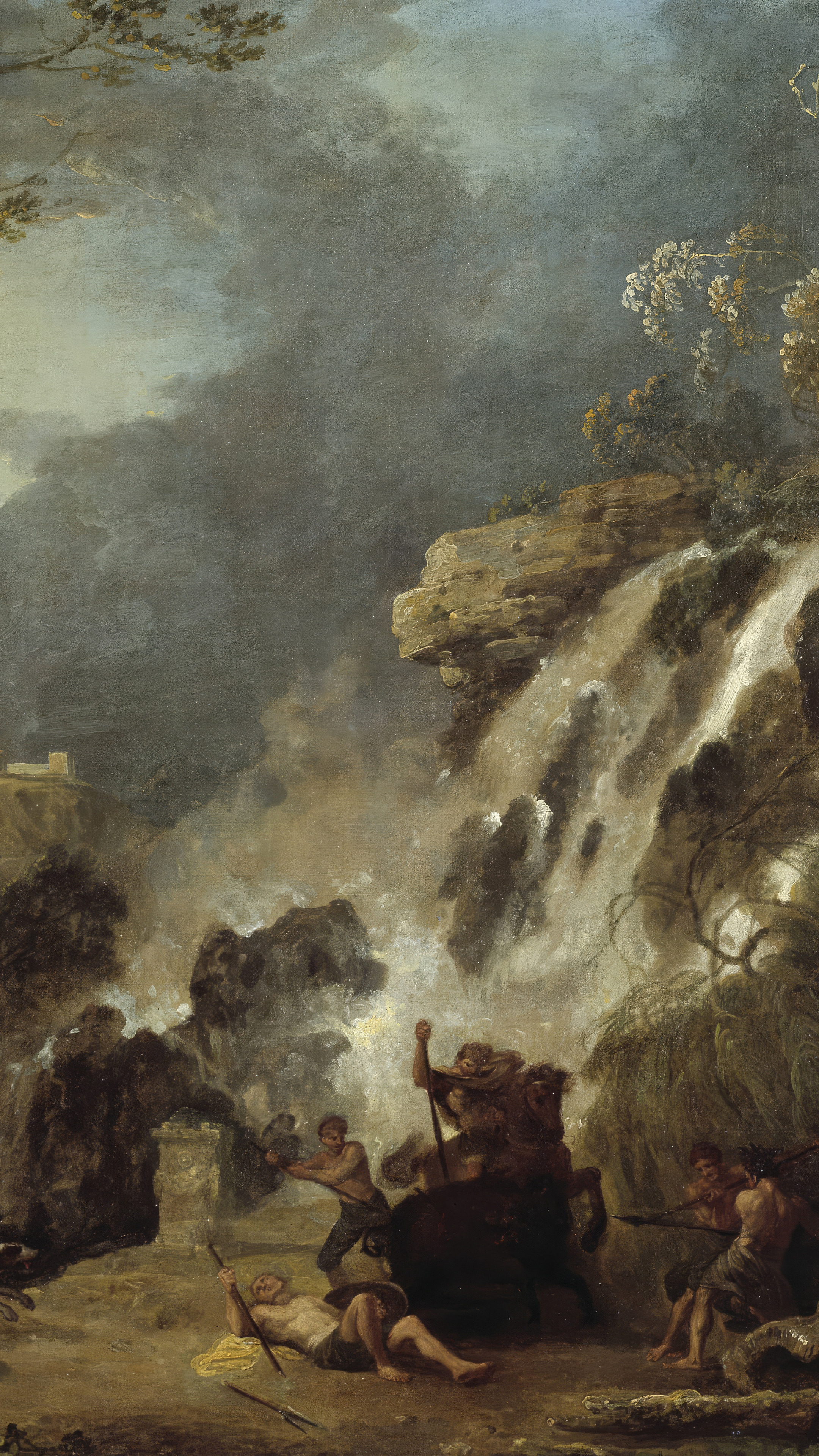 Dark moody vertical iPhone background from a painting: a waterfall breaking white through a grey rocky gorge under a heavy sky, a pale temple on the cliff at the left, and hunters resting with their kill at the foot of the rocks