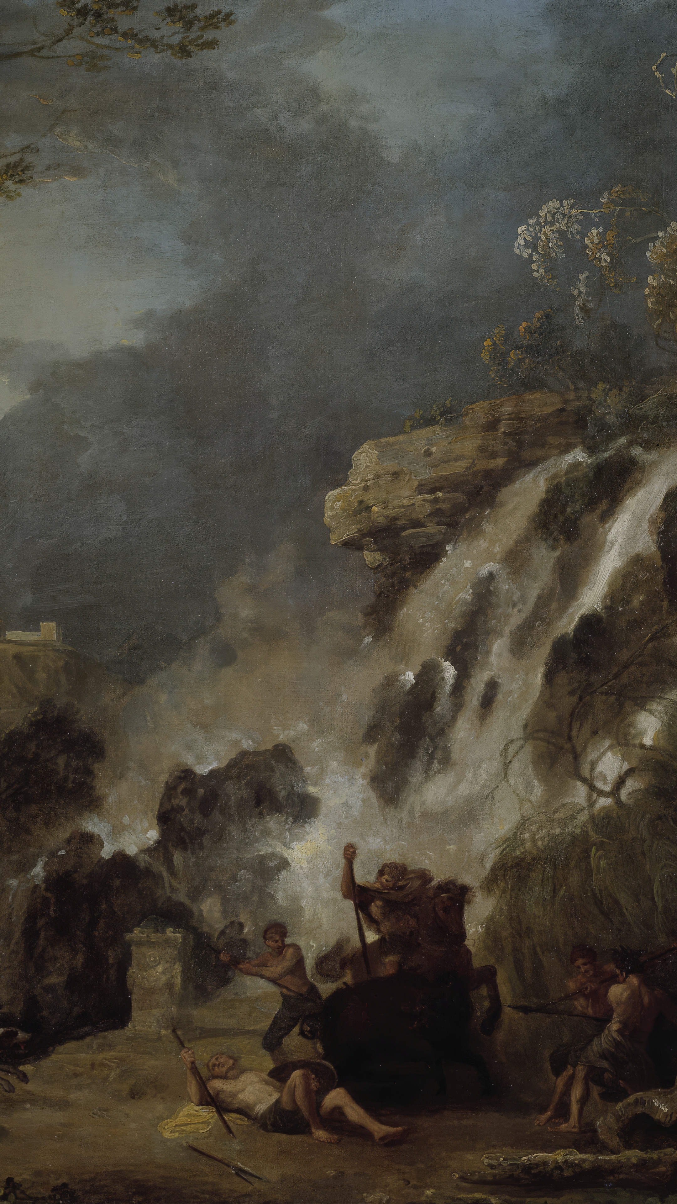 Dark moody vertical iPhone background from a painting: a waterfall breaking white through a grey rocky gorge under a heavy sky, a pale temple on the cliff at the left, and hunters resting with their kill at the foot of the rocks