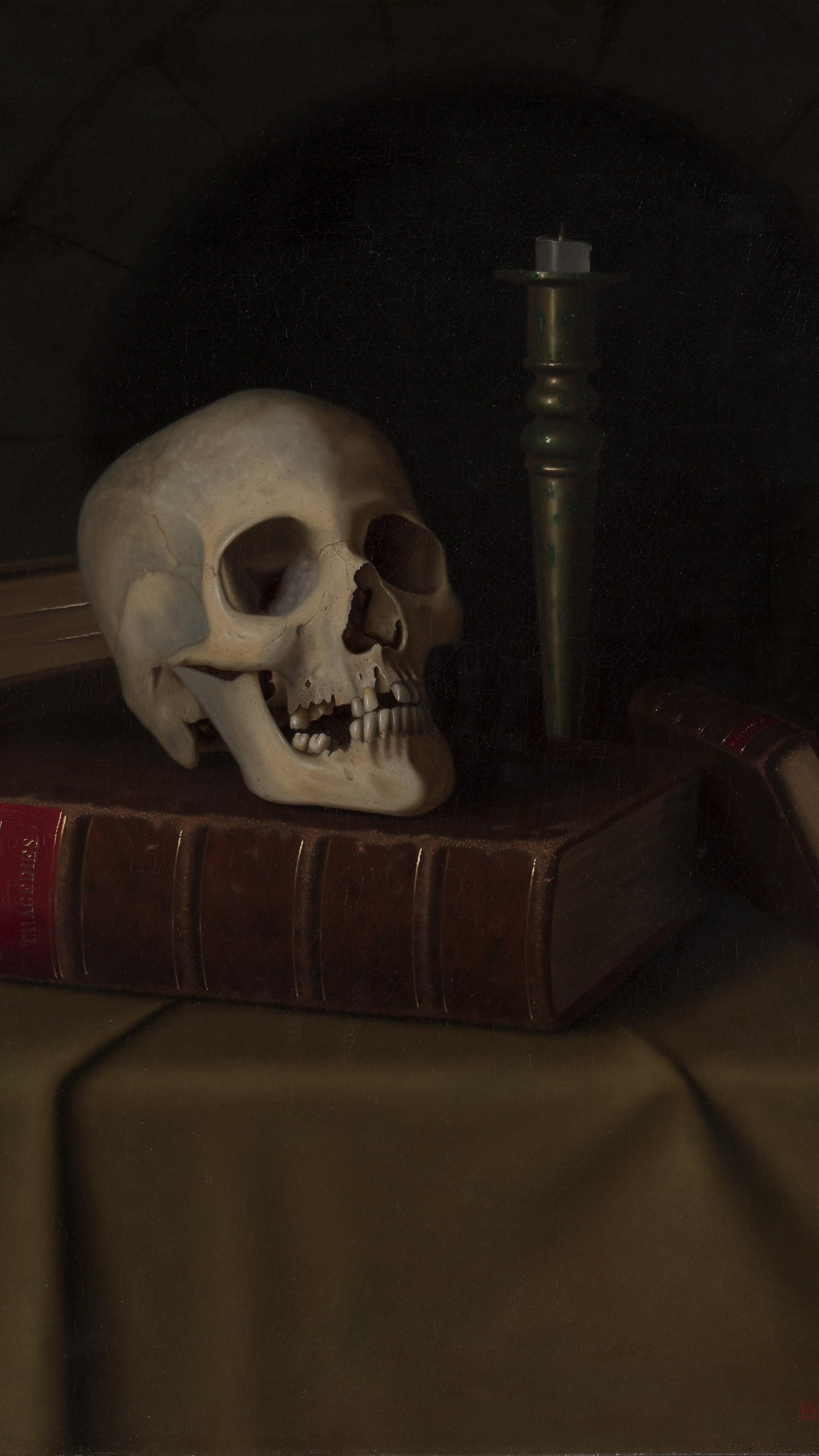 desktop wallpaper from a painting: vanitas still life — skull on a red leather book beside an hourglass, open book, spent candle, and handwritten note on a draped table