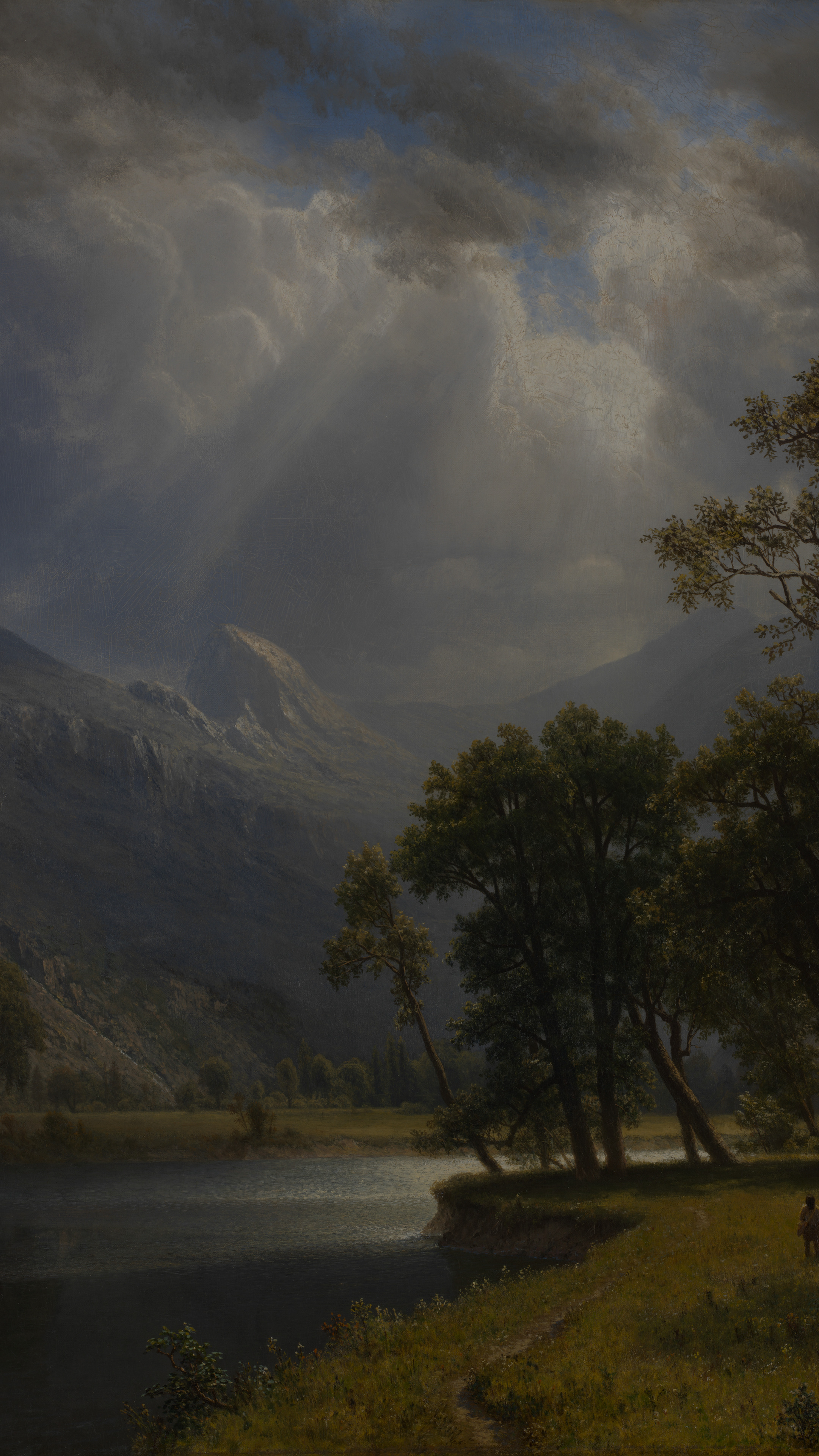 Vertical iPhone background from a painting: sunbeams through cloud onto a mountain lake with dark firs on the far shore