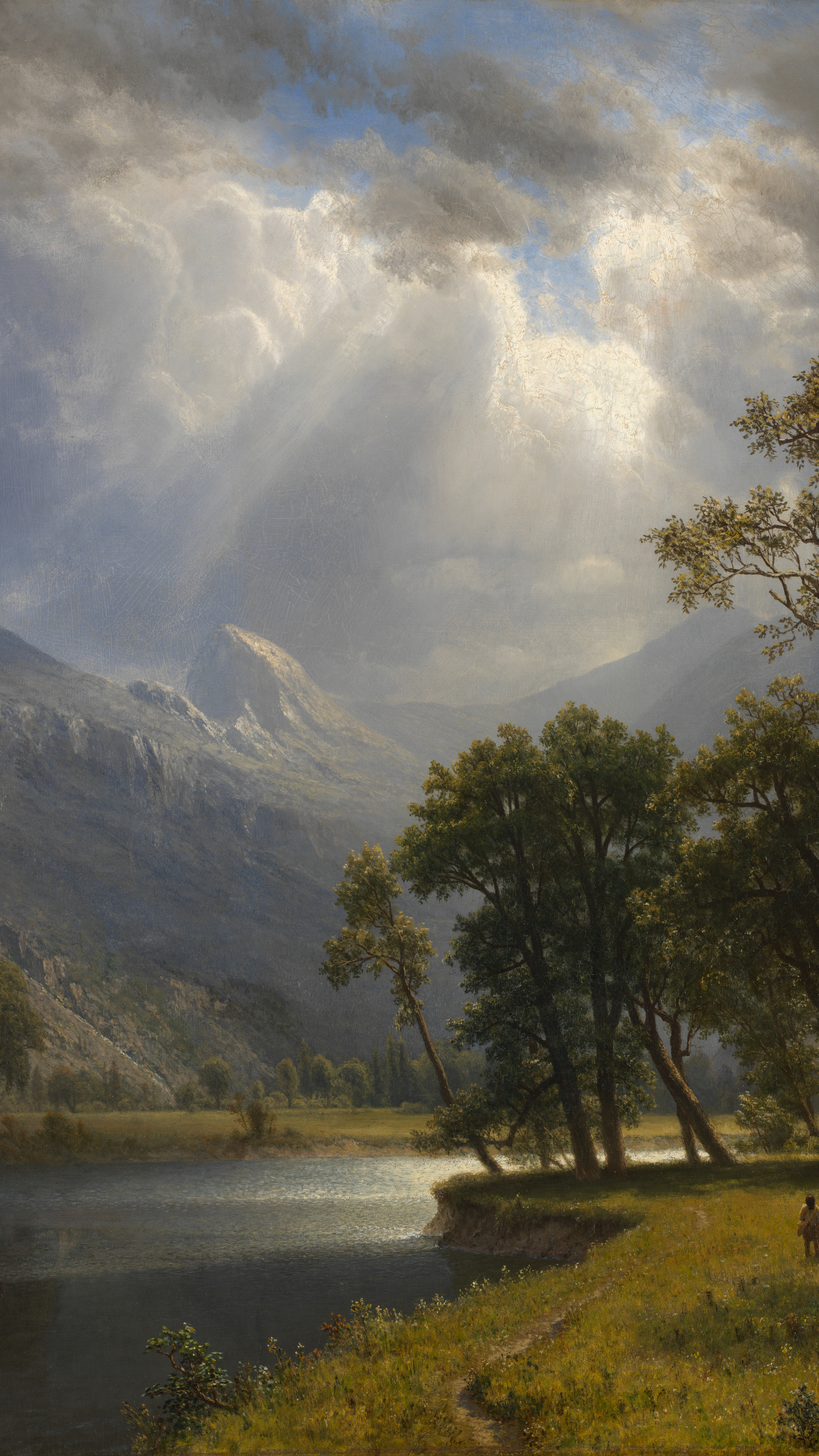 Vertical iPhone background from a painting: sunbeams through cloud onto a mountain lake with dark firs on the far shore