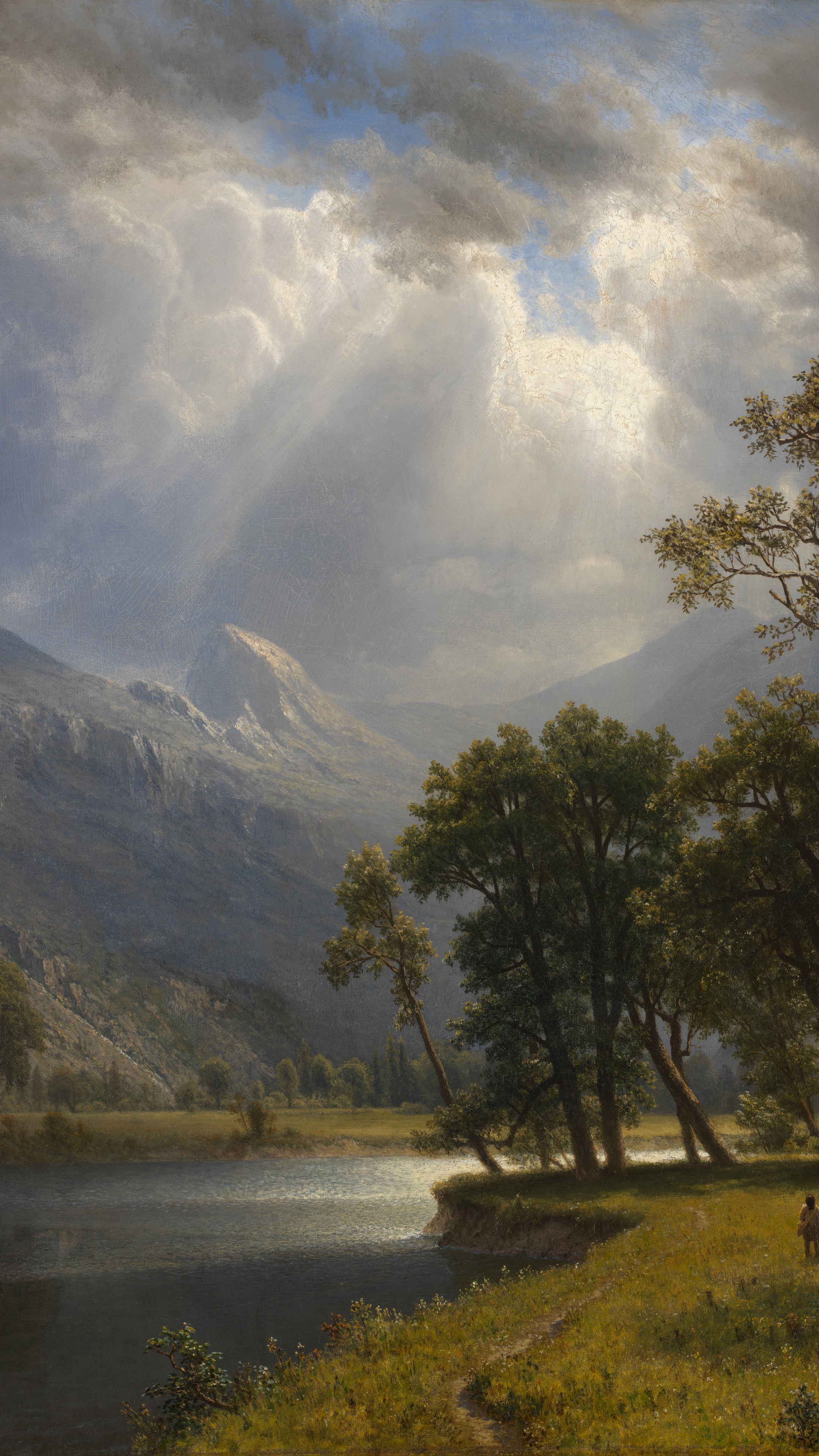 Vertical iPhone background from a painting: sunbeams through cloud onto a mountain lake with dark firs on the far shore
