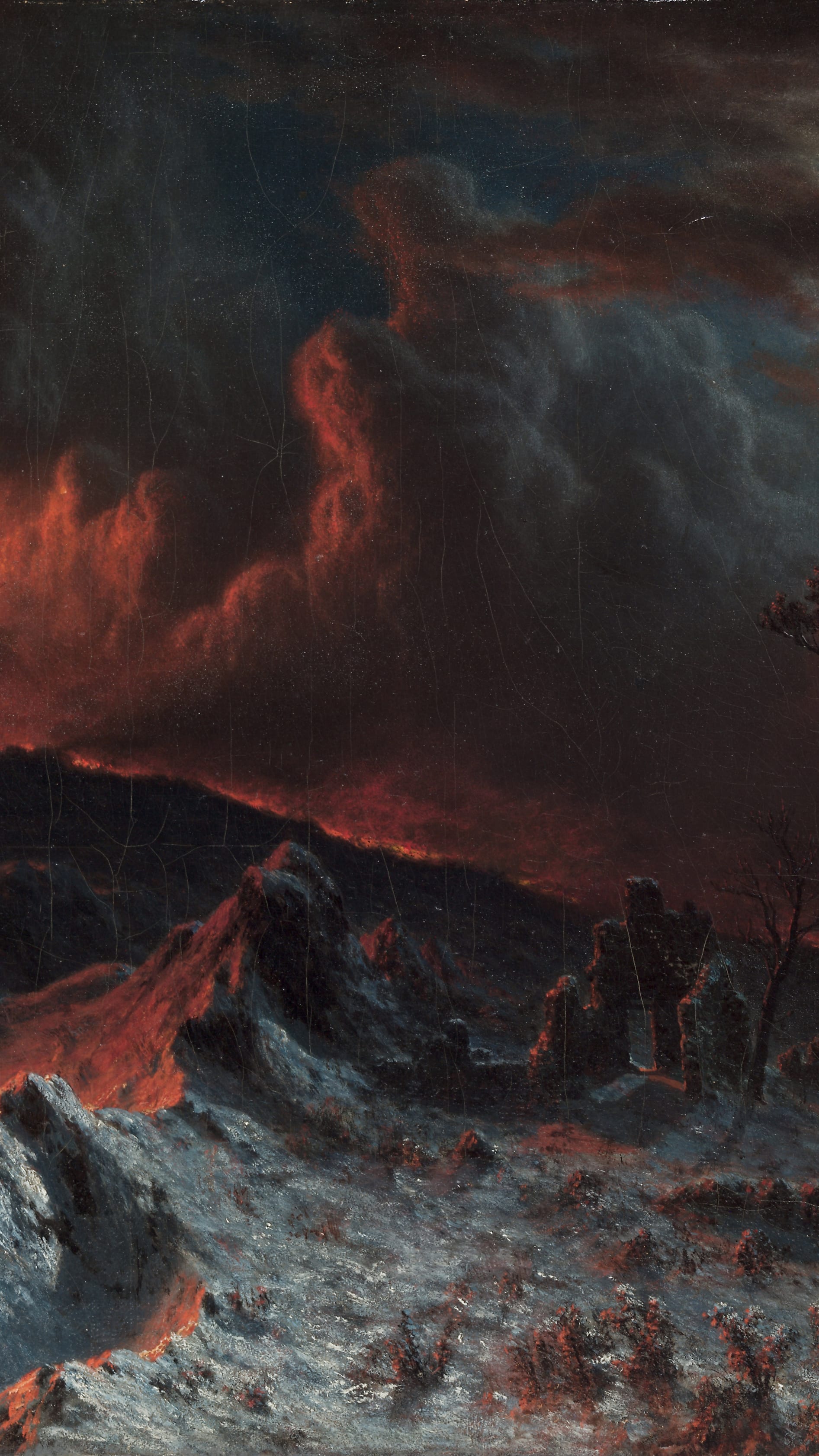 iPhone wallpaper from a painting: volcano erupting at night with red glow on smoke and snow and figures on the dark slope