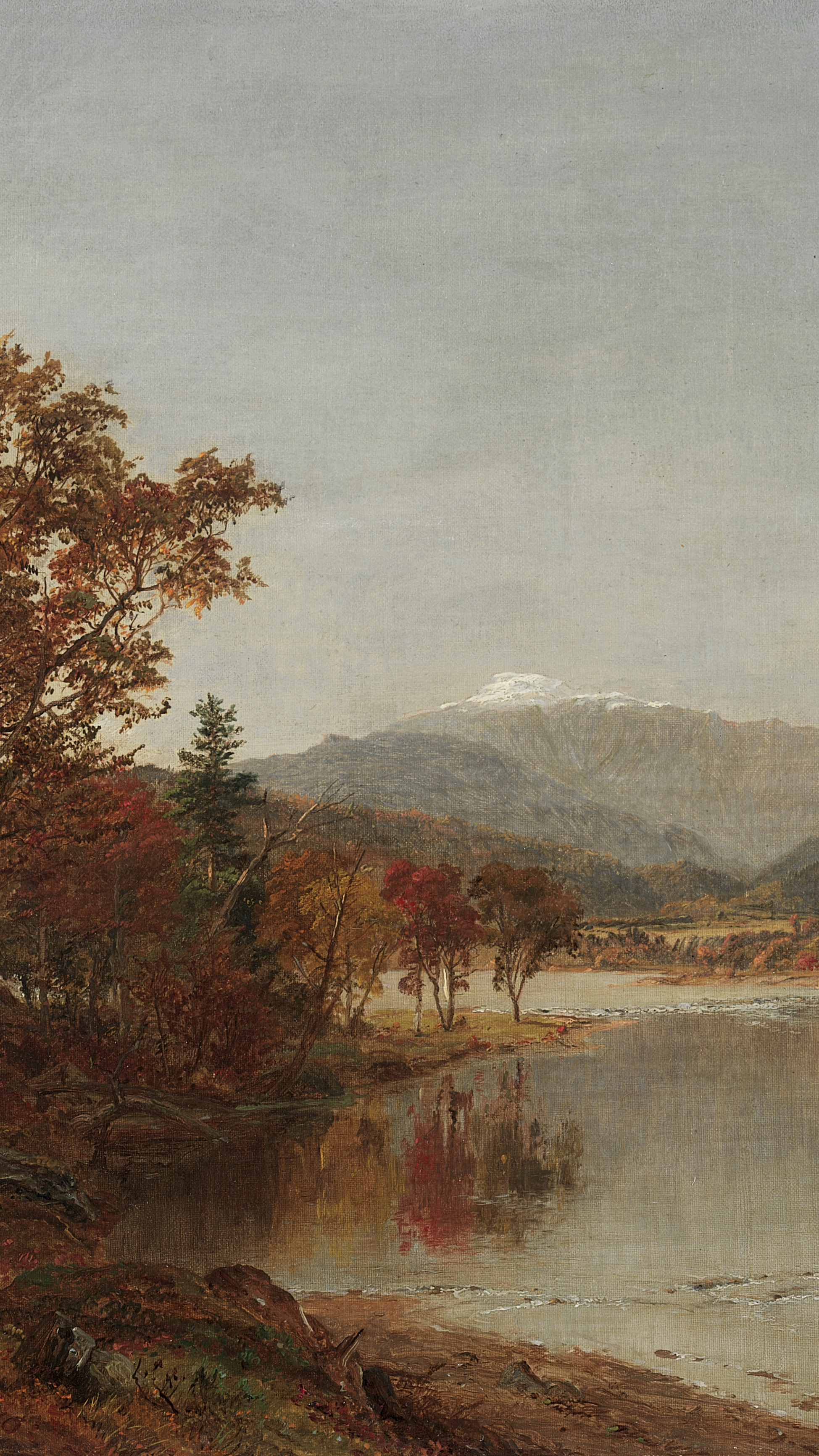 Vertical iPhone background from a painting: autumn river flanked by crimson and gold trees, a snow-capped peak in the far distance, grey cloudy sky, figures resting by a canoe on the bank