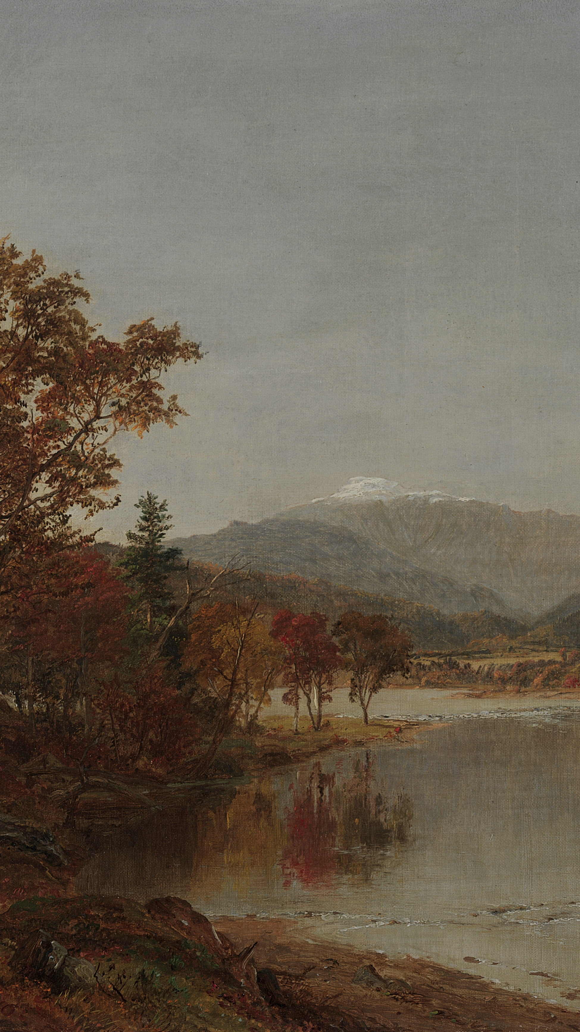 Vertical iPhone background from a painting: autumn river flanked by crimson and gold trees, a snow-capped peak in the far distance, grey cloudy sky, figures resting by a canoe on the bank