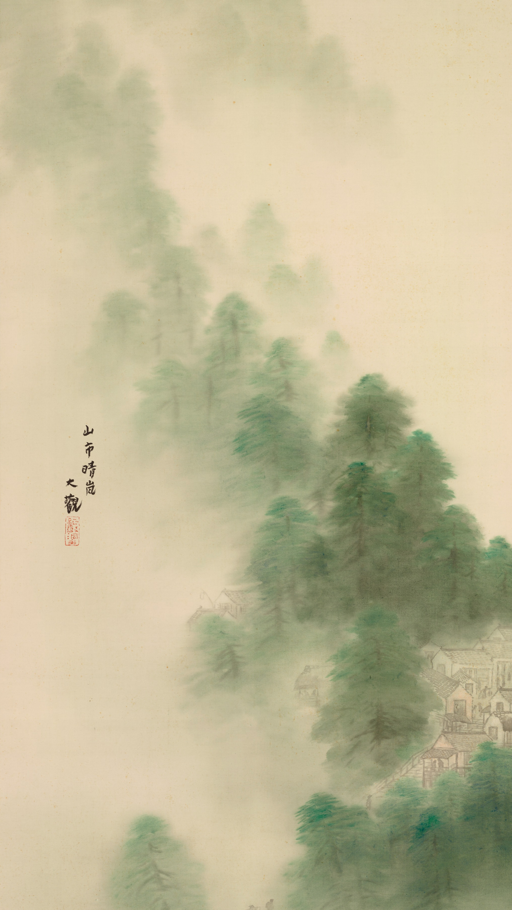 Vertical iPhone background from a Japanese painting: ranks of green pines dissolving upward into pale mist, grey village roofs stacked along the slope at the right, ink washes thinning away to bare silk