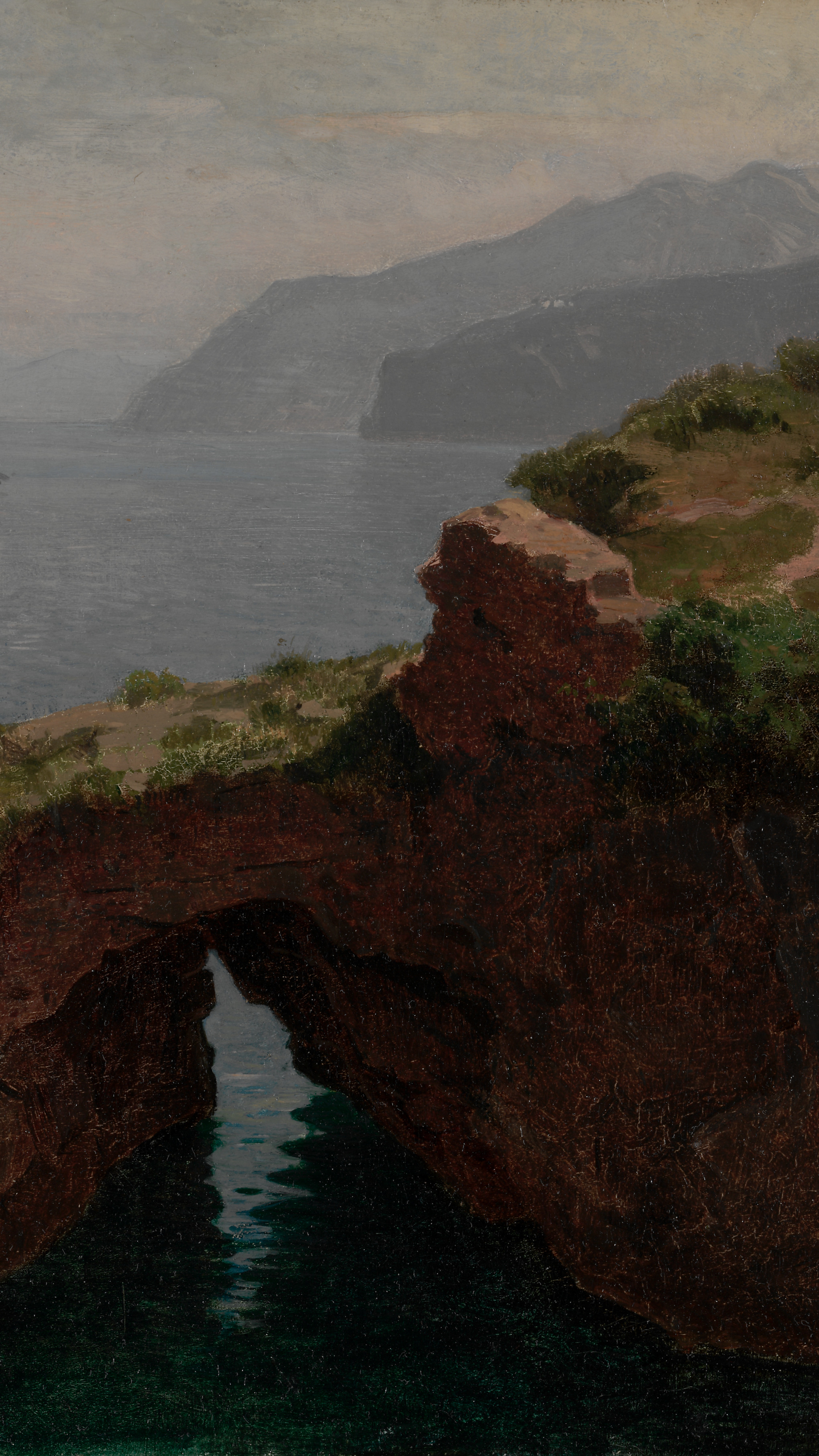 Vertical iPhone background from a painting: dark red rock arch over emerald water framing a hazy Mediterranean bay, a tall ship in the distance, scrub-covered cliffs and misty mountains