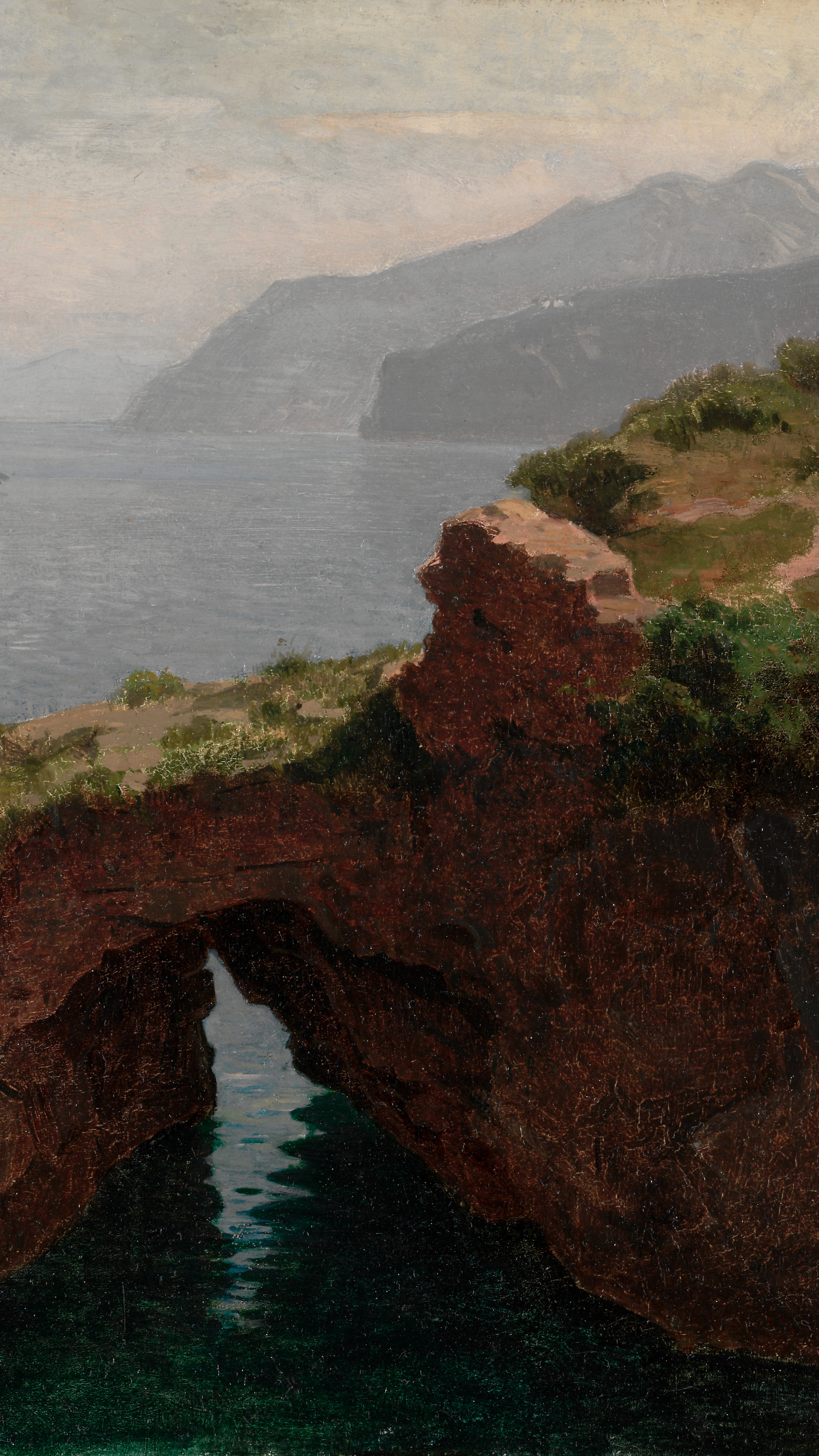 Vertical iPhone background from a painting: dark red rock arch over emerald water framing a hazy Mediterranean bay, a tall ship in the distance, scrub-covered cliffs and misty mountains