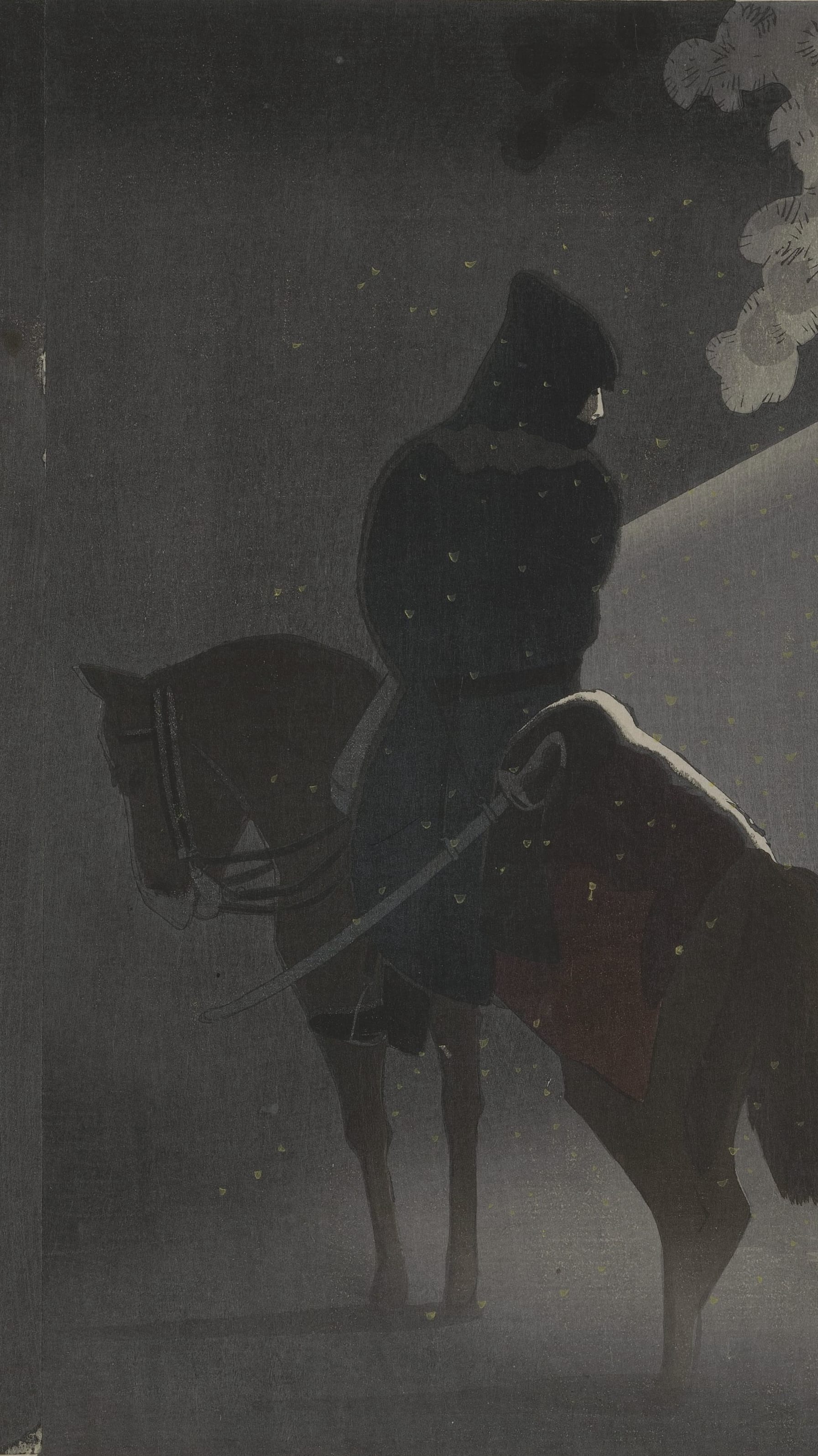 Dark moody vertical iPhone background from a Japanese woodblock print: an officer in a black hooded cape sitting a brown horse in falling snow, the horse's bridled head turned left, a curved sabre and dark red saddle cloth at his knee, fine yellow snow flecks across a grey night