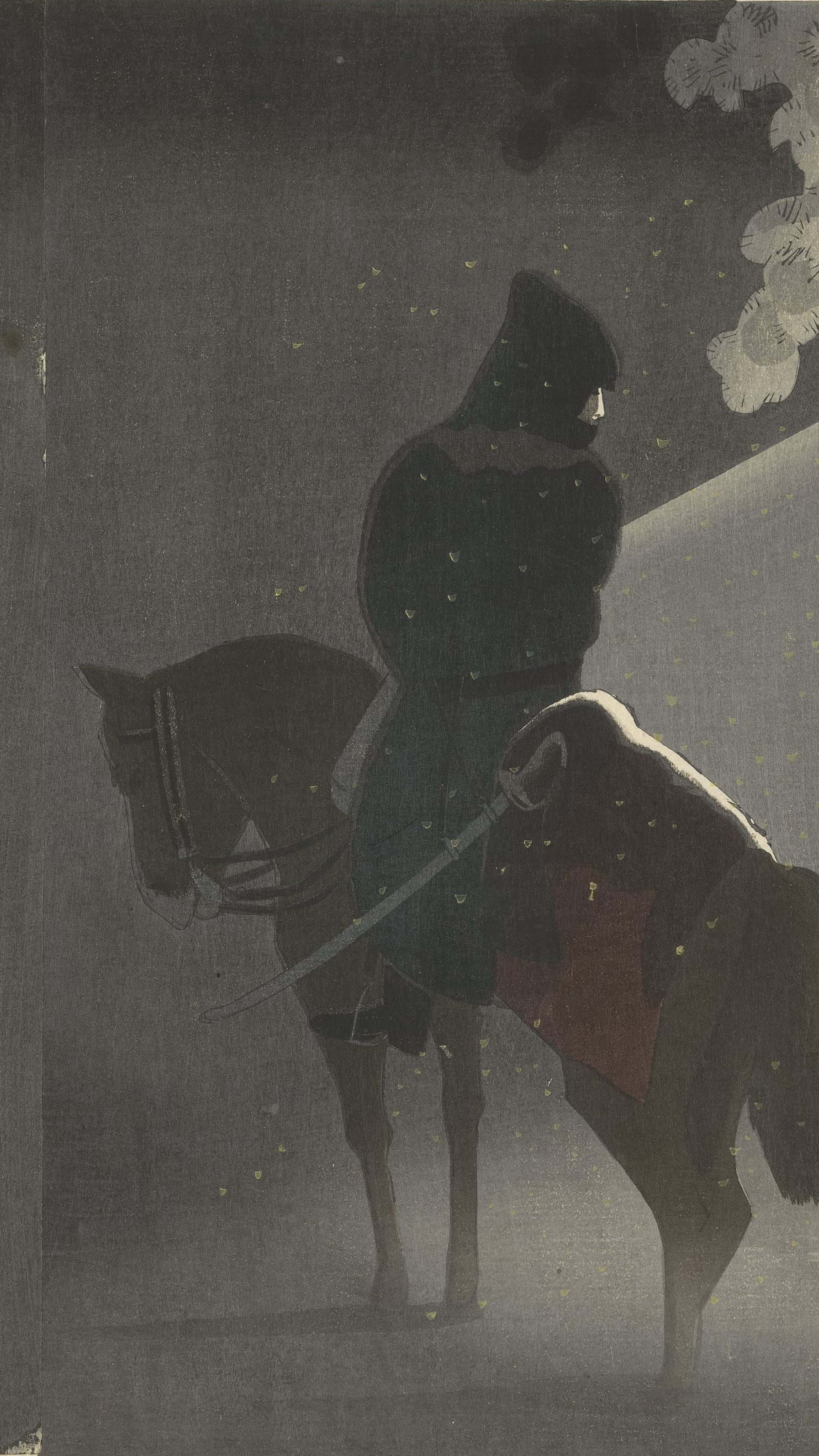 Dark moody vertical iPhone background from a Japanese woodblock print: an officer in a black hooded cape sitting a brown horse in falling snow, the horse's bridled head turned left, a curved sabre and dark red saddle cloth at his knee, fine yellow snow flecks across a grey night