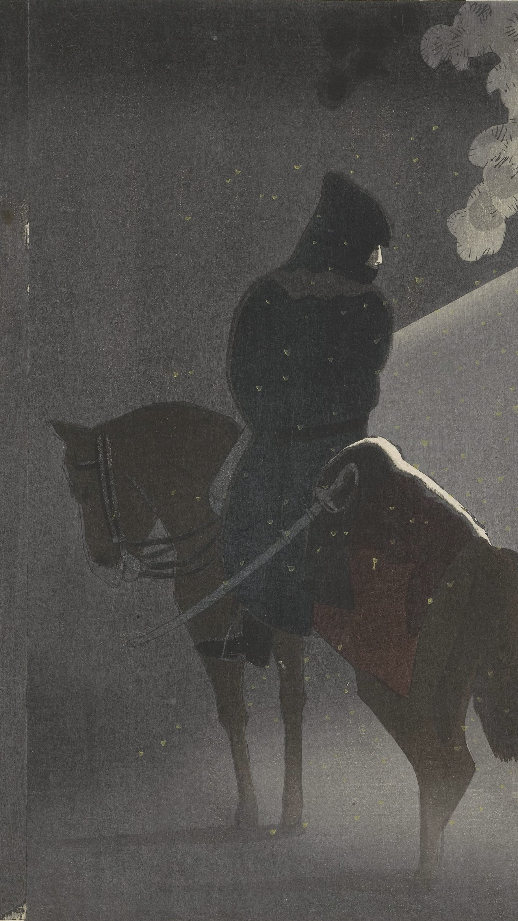 Dark moody vertical iPhone background from a Japanese woodblock print: an officer in a black hooded cape sitting a brown horse in falling snow, the horse's bridled head turned left, a curved sabre and dark red saddle cloth at his knee, fine yellow snow flecks across a grey night