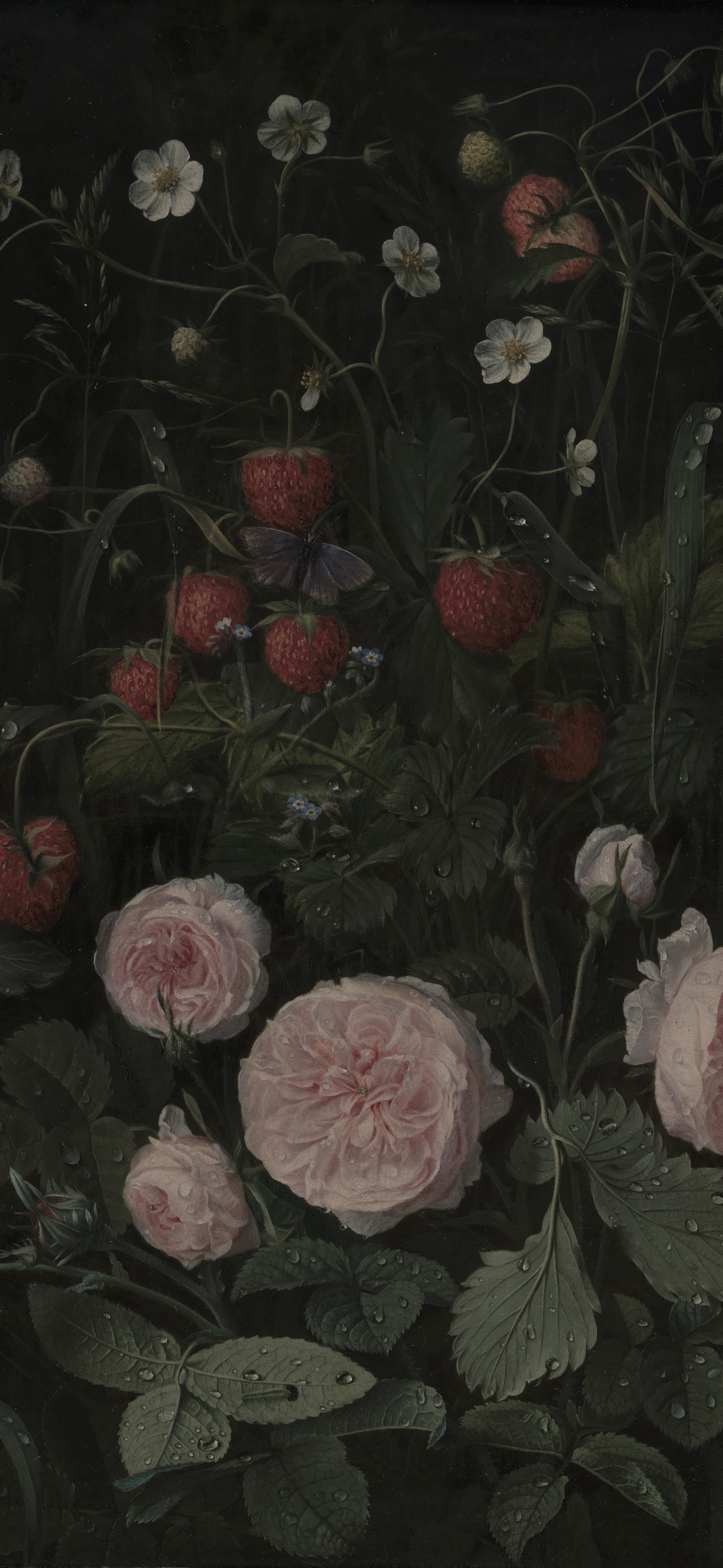 Still Life with Roses and Strawberries, cropped to 9:19.5, tall phone background