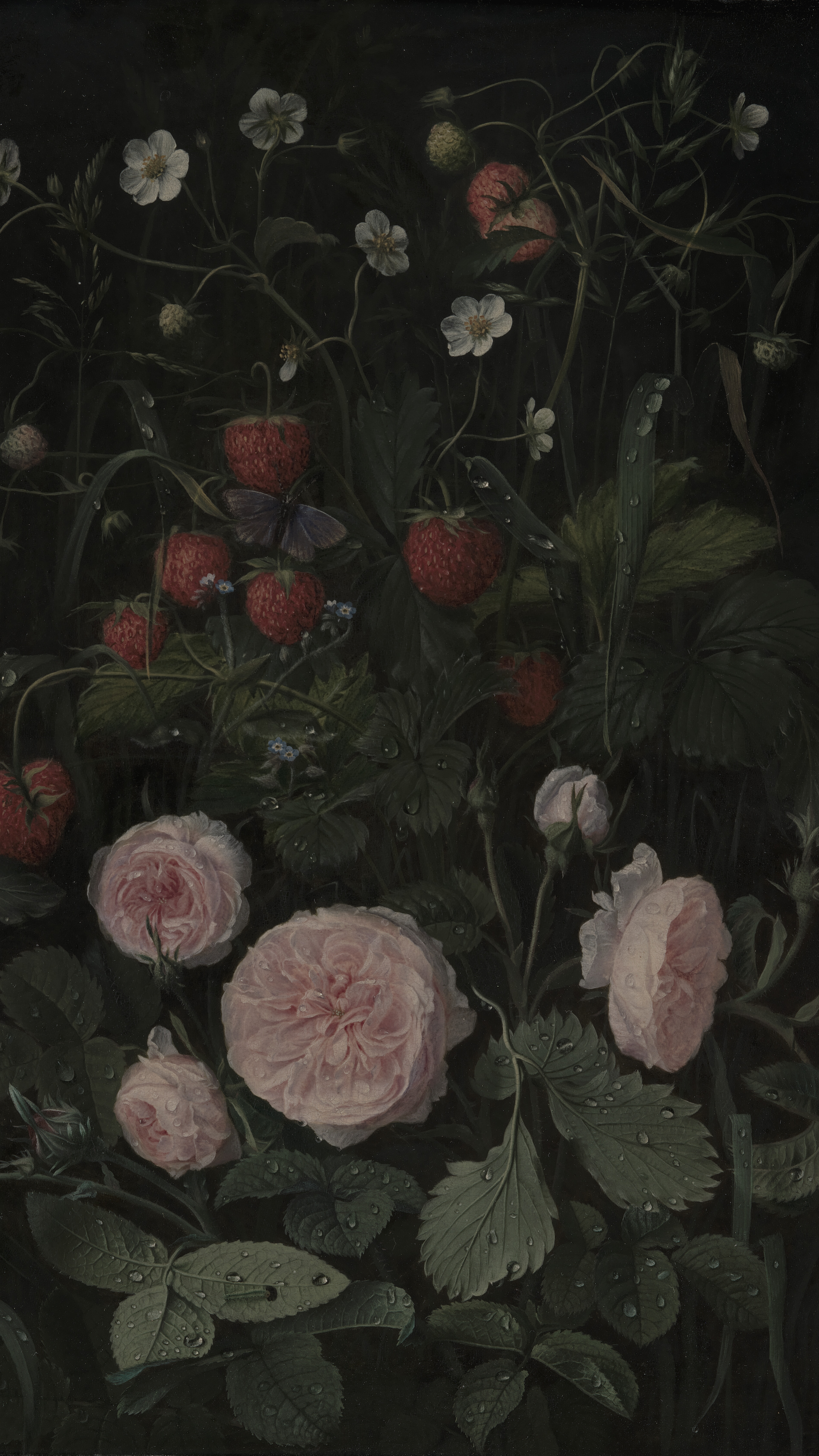 Dark academia vertical iPhone background from a painting: pink garden roses and ripe red strawberries among white strawberry flowers and dark green leaves