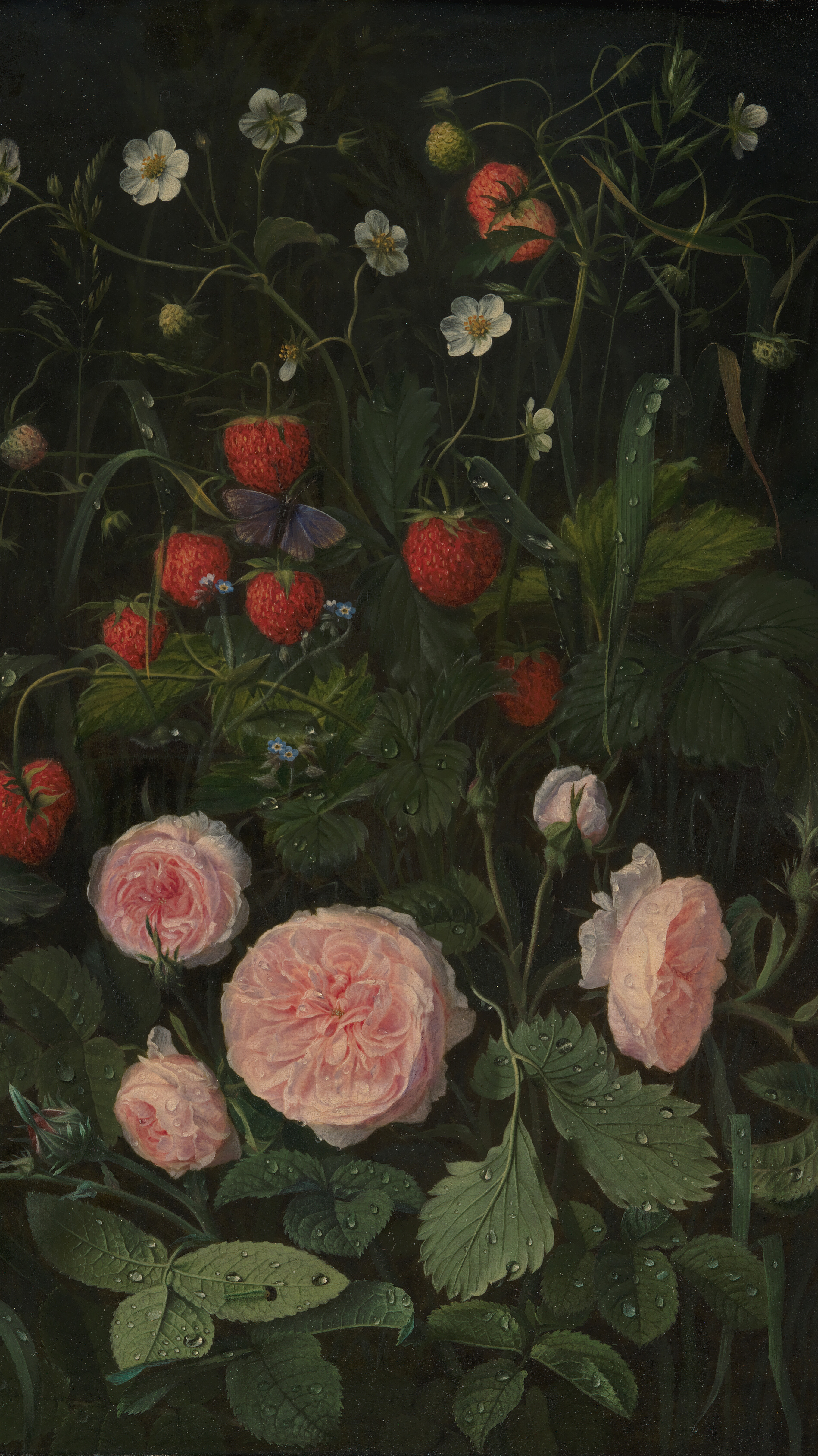 Dark academia vertical iPhone background from a painting: pink garden roses and ripe red strawberries among white strawberry flowers and dark green leaves
