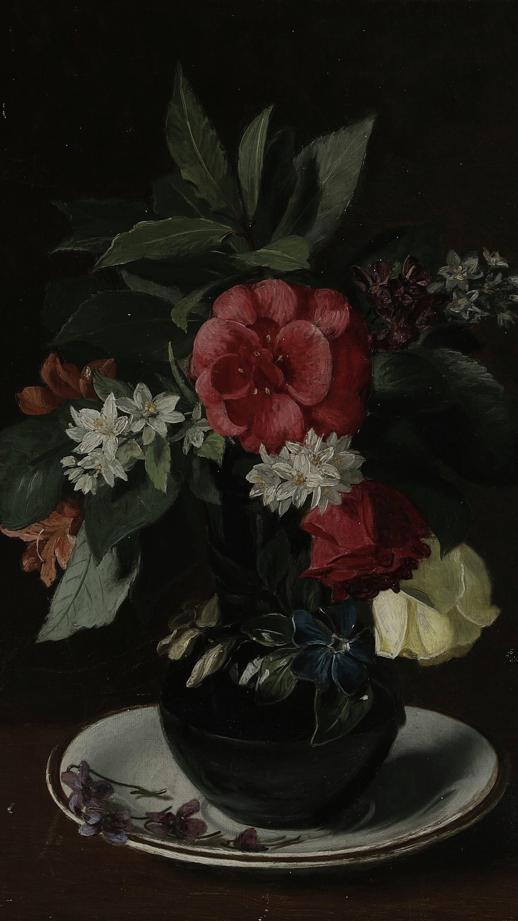 Dark academia vertical iPhone background from a painting: a dark vase holding a mixed bouquet of red camellia, white blossoms and a yellow rose, set on a plate against a dark background