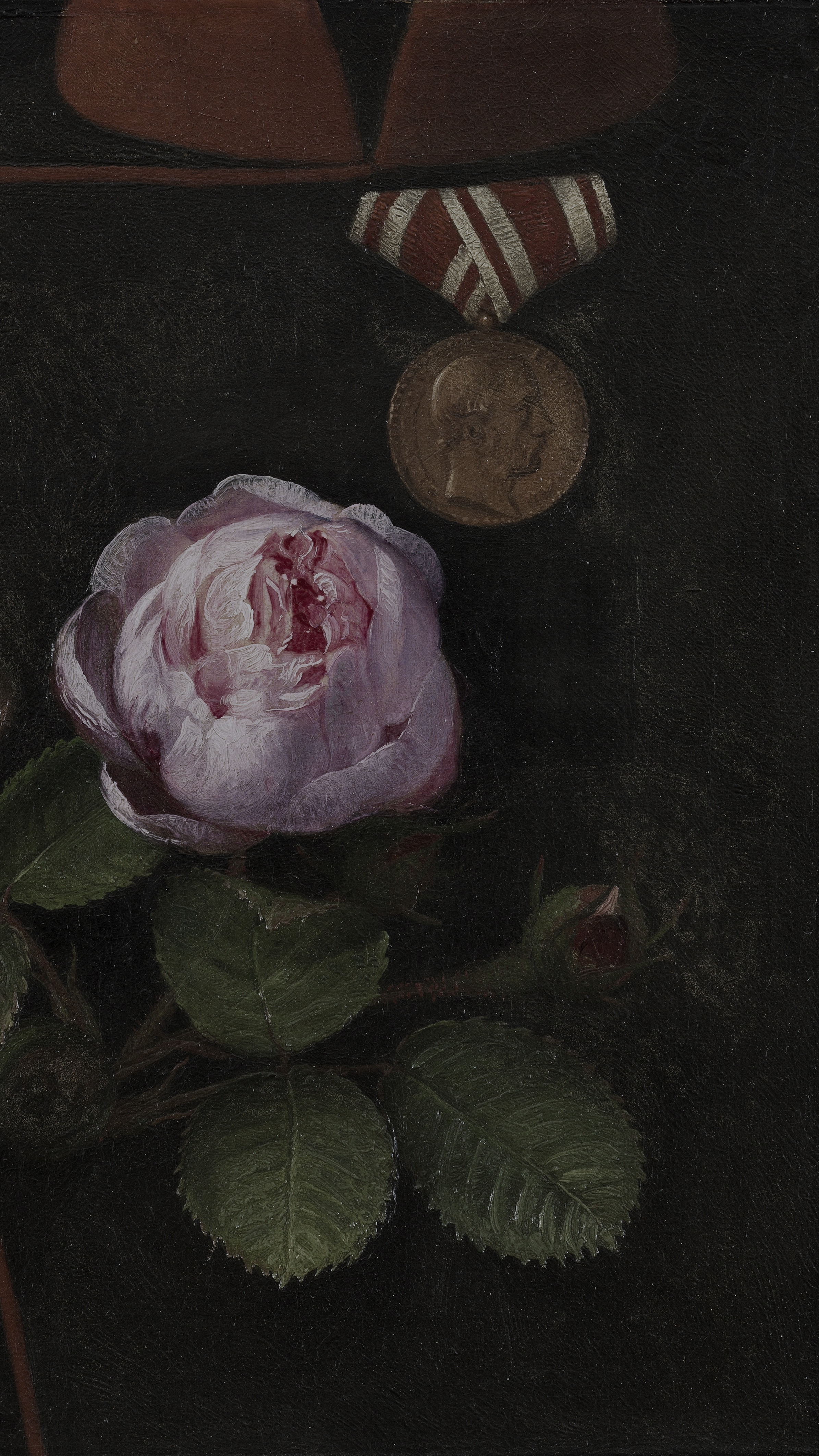 Dark academia vertical iPhone background from a painting: a single pink rose with green leaves beside a bronze war medal on a striped ribbon, dark background