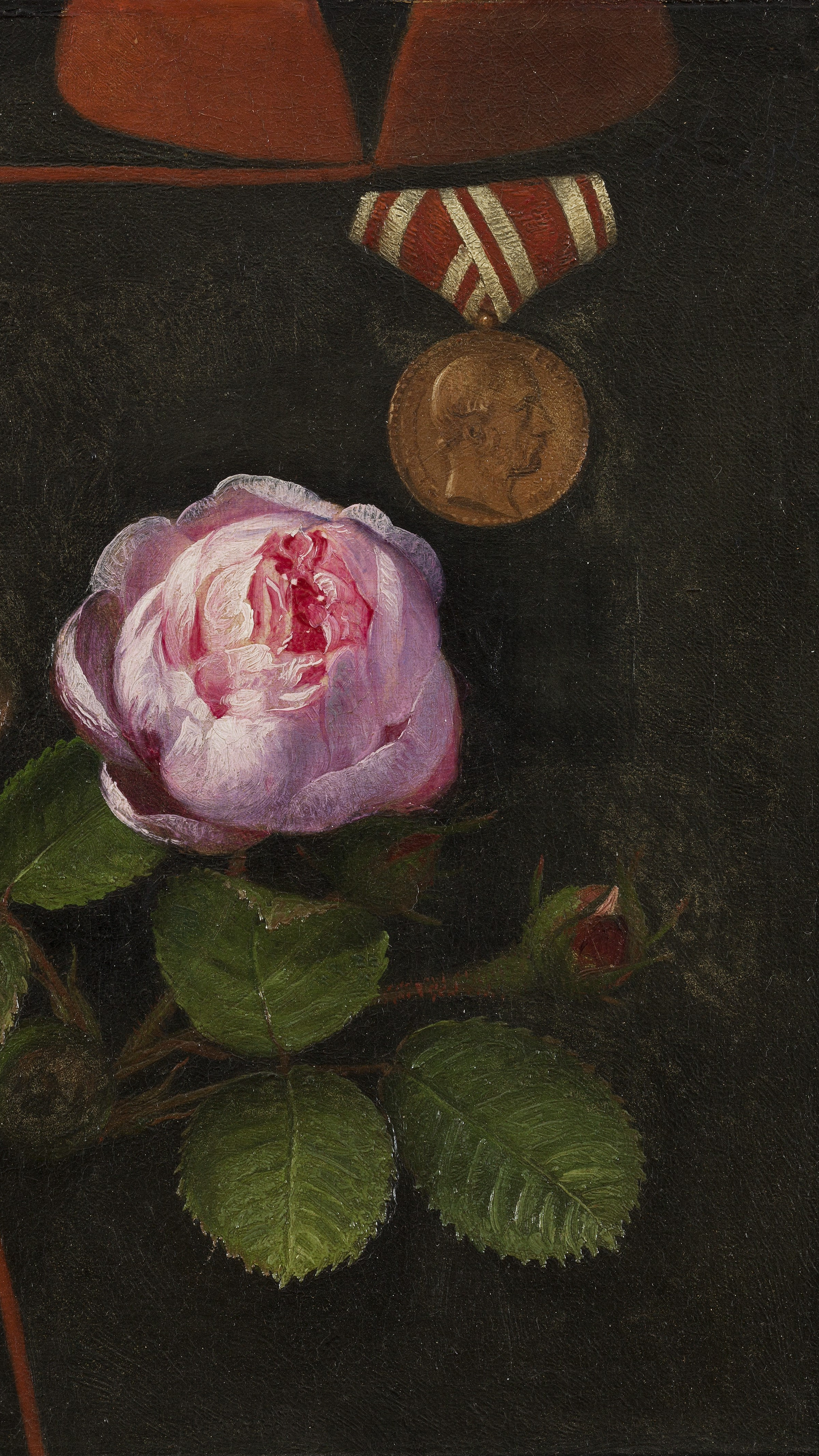 Dark academia vertical iPhone background from a painting: a single pink rose with green leaves beside a bronze war medal on a striped ribbon, dark background