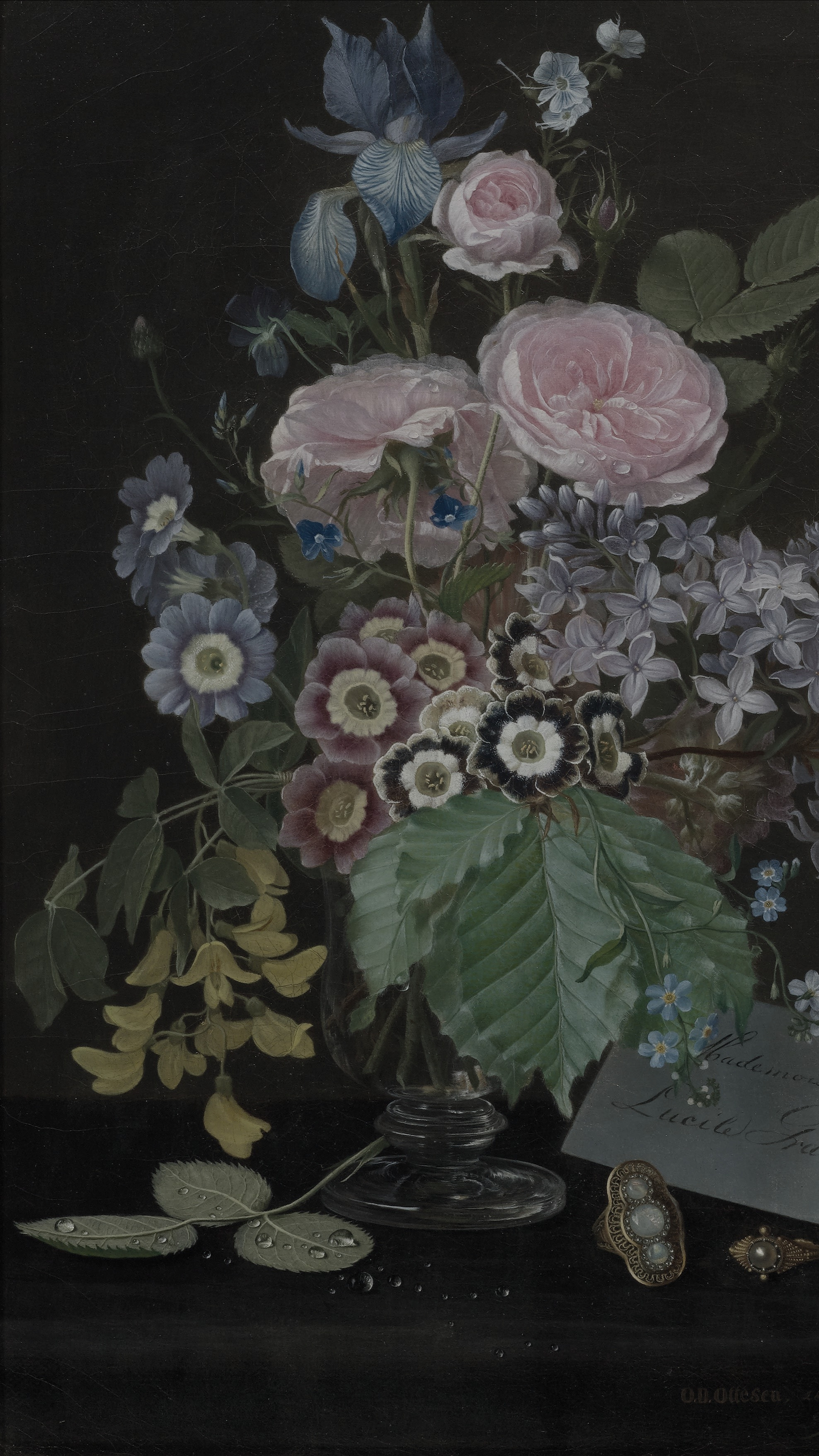 Dark academia vertical iPhone background from a painting: pink roses, blue iris and lilac clusters in a glass vase on a black table, a small handwritten dedication card and jewelry beside it
