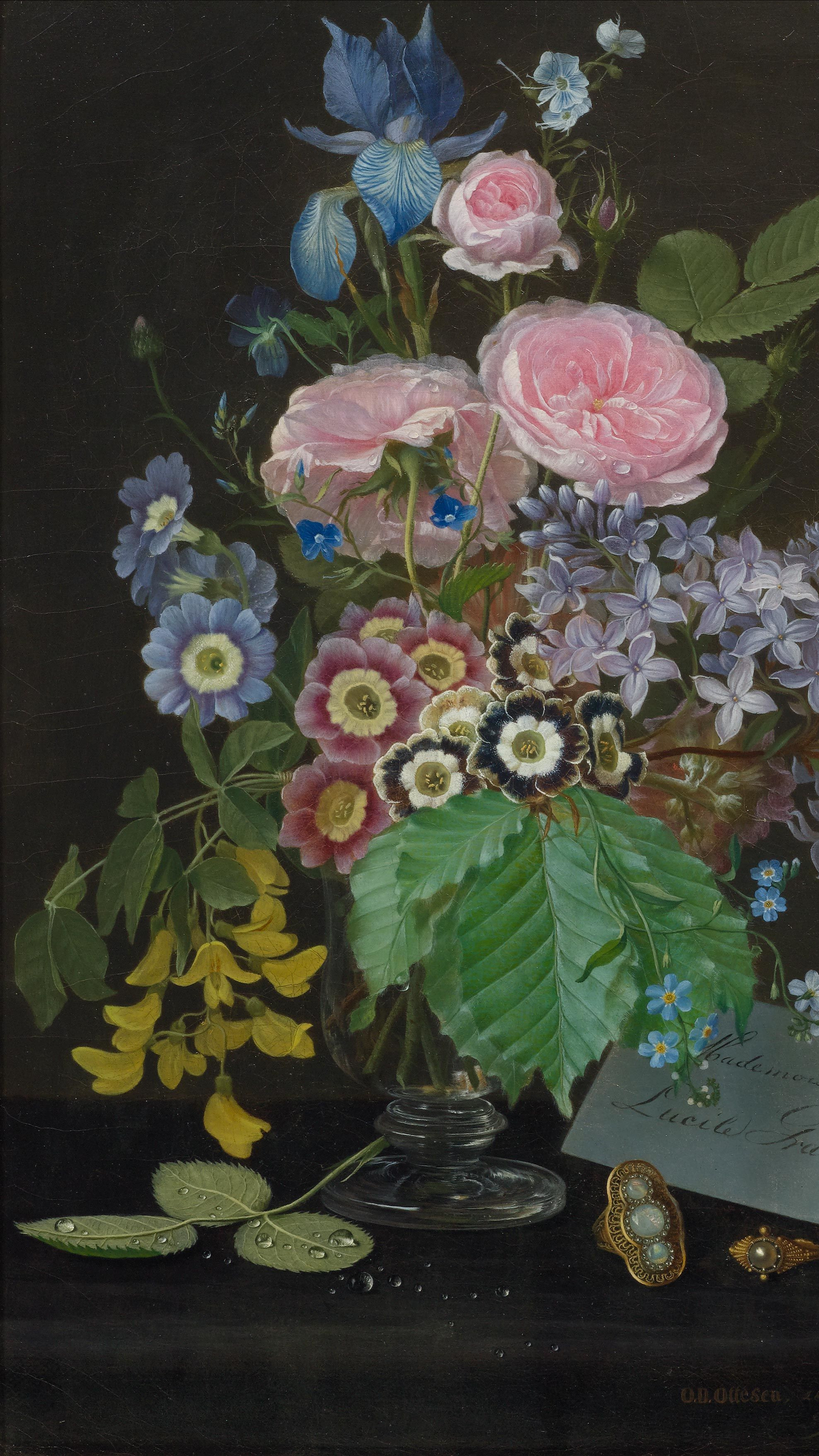 Dark academia vertical iPhone background from a painting: pink roses, blue iris and lilac clusters in a glass vase on a black table, a small handwritten dedication card and jewelry beside it