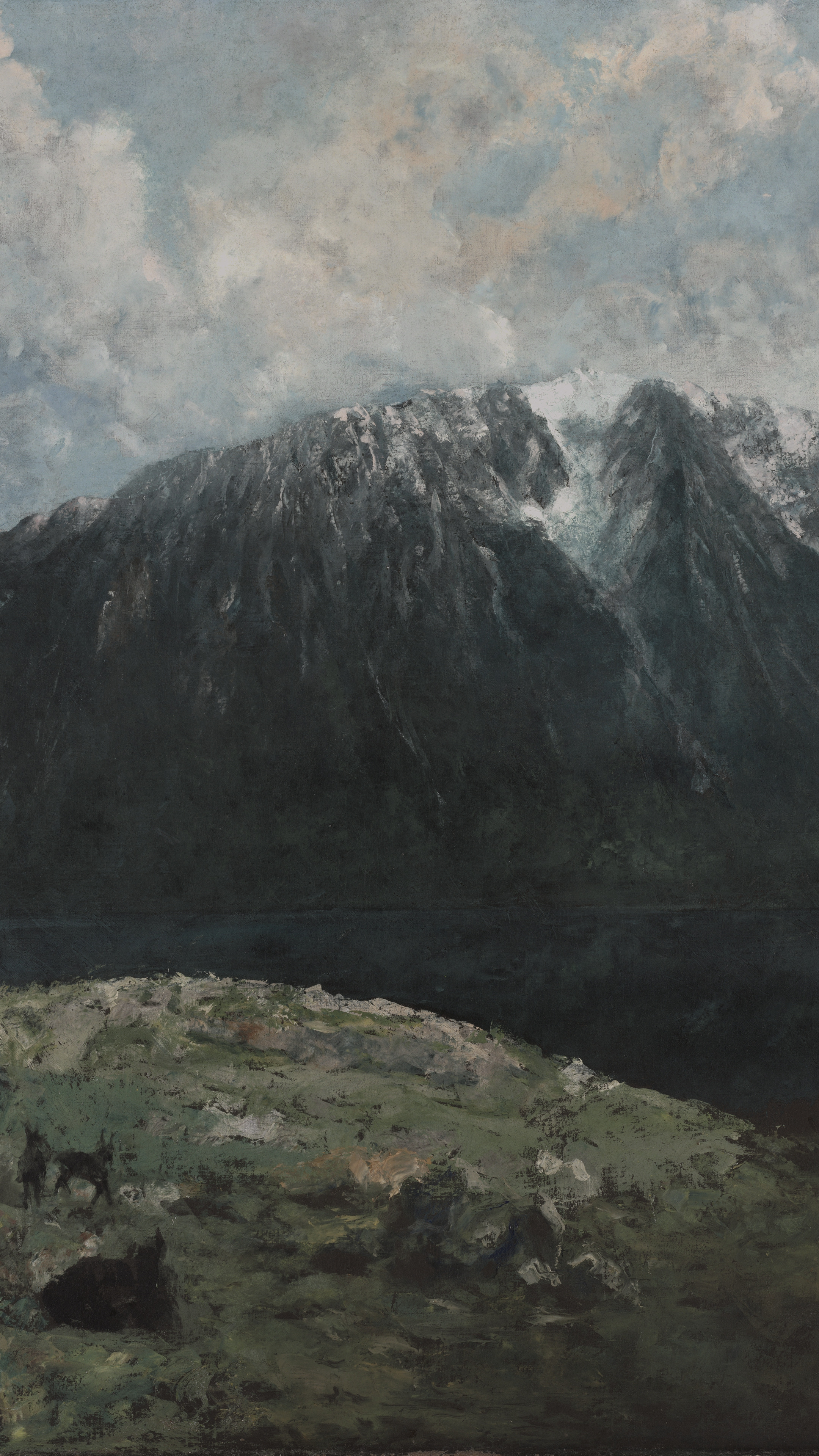 Dark moody vertical iPhone background from a painting: near-black mountain wall with snow along the ridge under heavy grey cloud, a still dark lake at its foot and a pale rocky slope in front